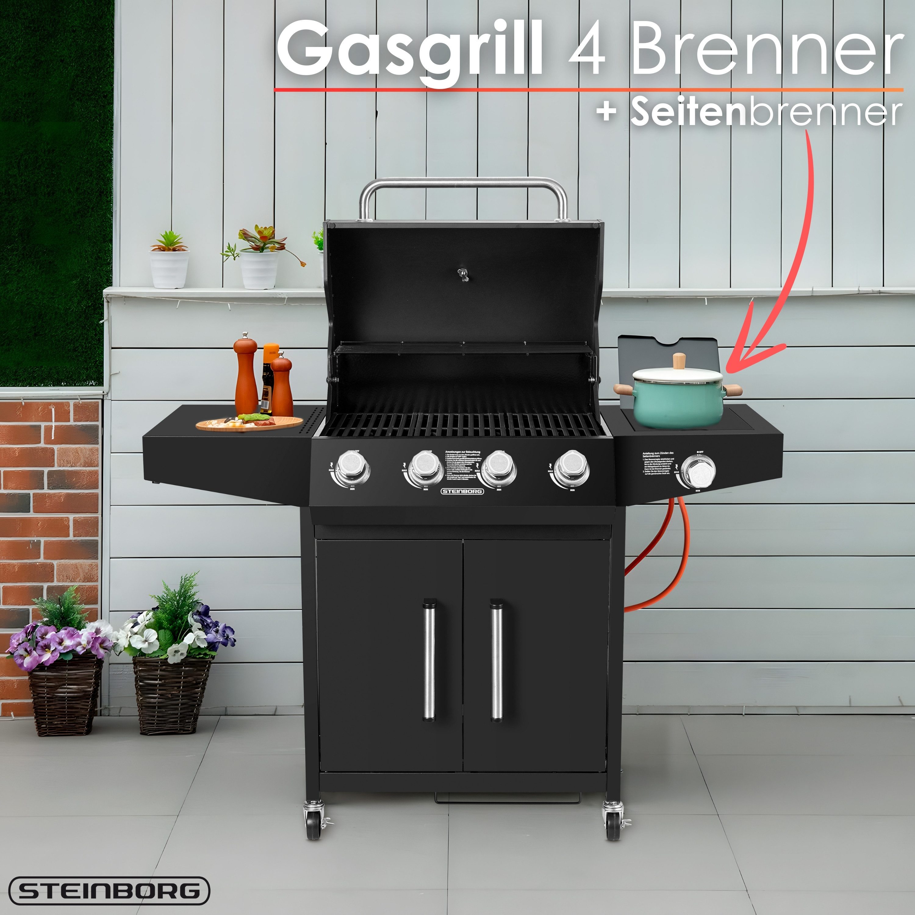 STEINBORG Gasgrill SB-8180, mit Schutzhaube, 4 Hauptbrenner + 1 Seitenbrenner,Beleuchtete Drehknöpfe