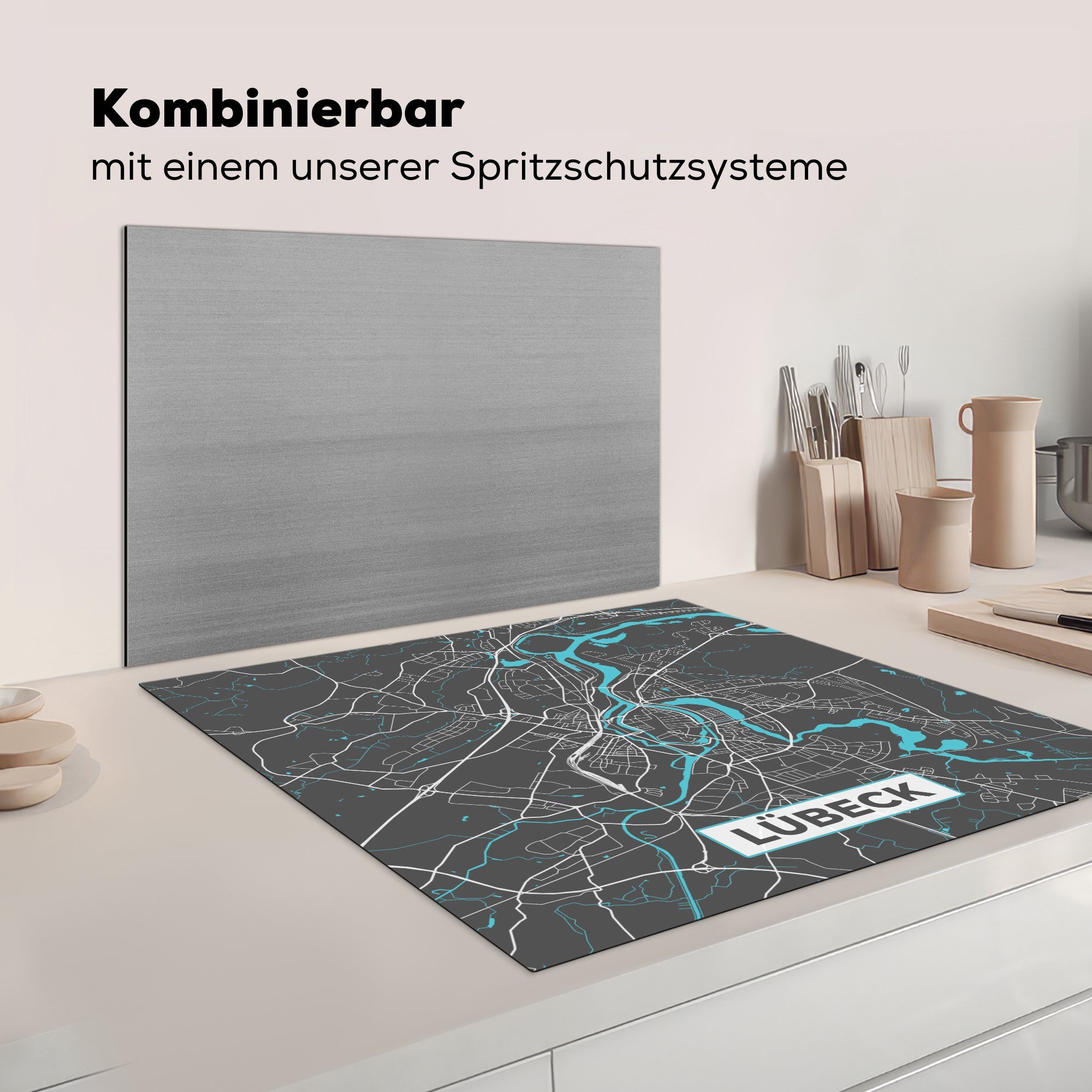 Karte küche MuchoWow cm, Blau - - Ceranfeldabdeckung, Deutschland, Arbeitsplatte Vinyl, Herdblende-/Abdeckplatte Lübeck tlg), (1 Stadtplan für - - 78x78