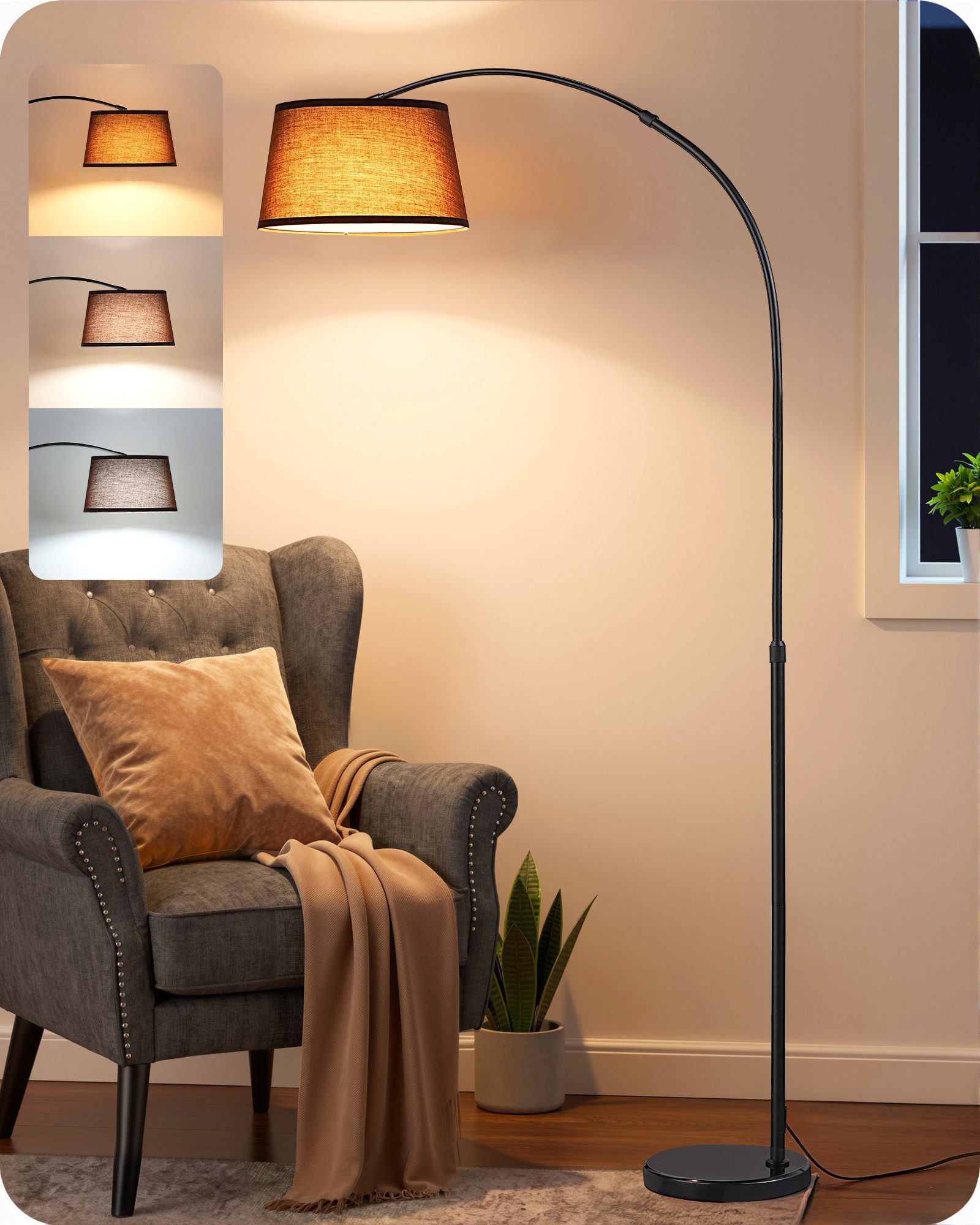 EDISHINE Stehlampe Wohnzimmer dimmbar, Standleuchte Höhenverstellbar, LED wechselbar, kaltweiß bis warmweiß dimmbar, LED Bogenlampe mit Fernbedienung