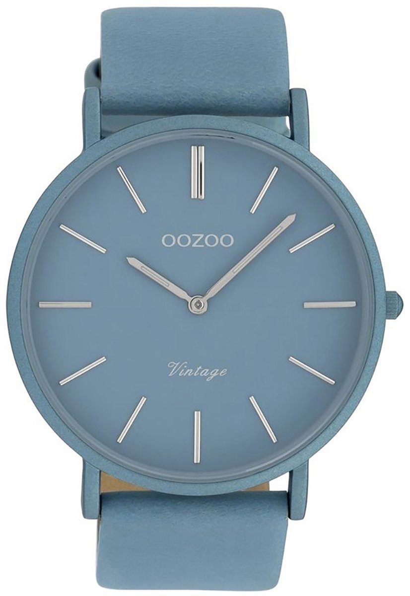 Oozoo Damen 44mm) rund, Fashion-Style Quarzuhr OOZOO Lederarmband, groß hellblau, (ca. Damenuhr Armbanduhr