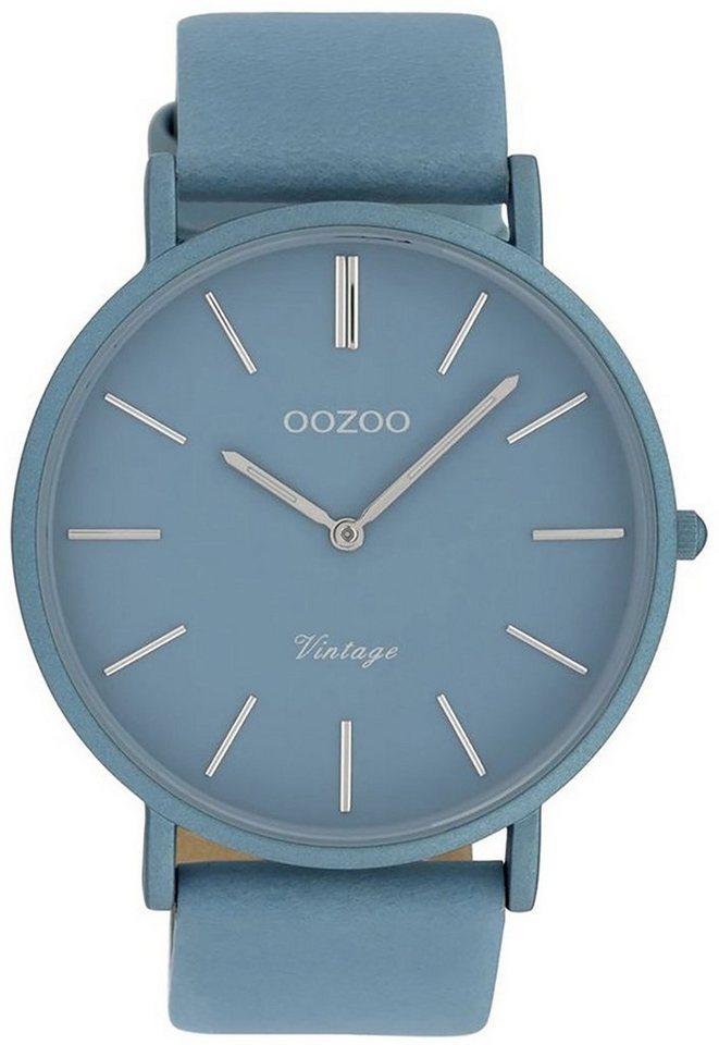 Quarzuhr Damenuhr OOZOO Fashion-Style groß Oozoo hellblau, Armbanduhr Lederarmband, Damen 44mm) rund, (ca.