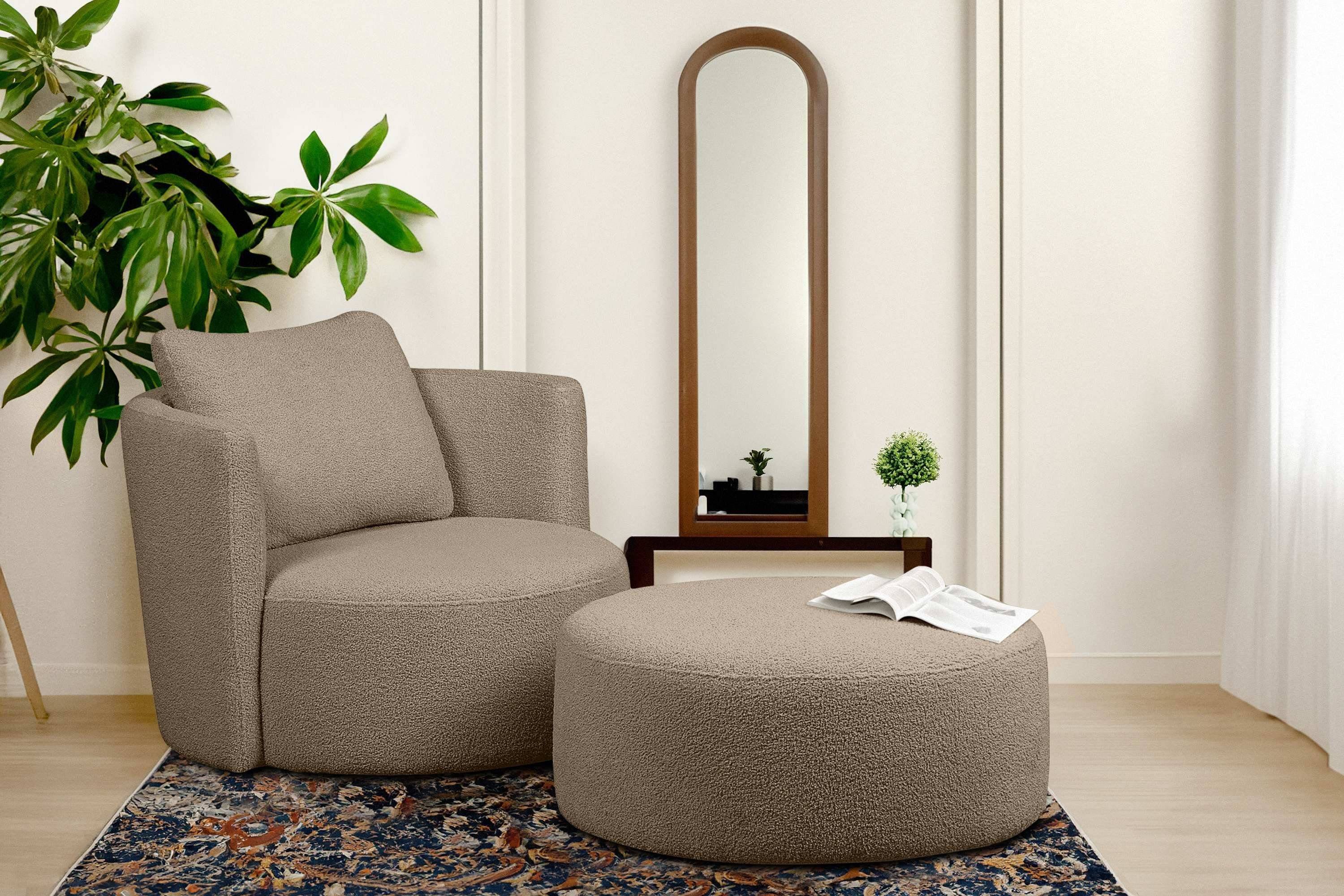 mit Sitzen Bouclé-Stoff, 360° RAGGI Sessel komfortables Konsimo Drehsessel mit Sitzhocker, Drehfunktion,