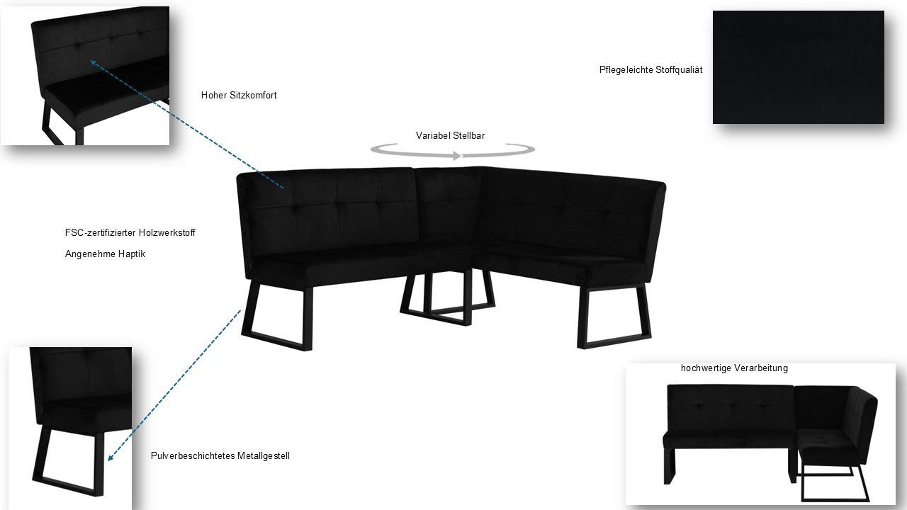 OTTO home Eckbank Geranie, Sitz -und Rücken gepolstert, Knopfheftung, zwei Bezugsstoffe, zwei Stofffarben, pulverbeschichtetes Metallgestell
