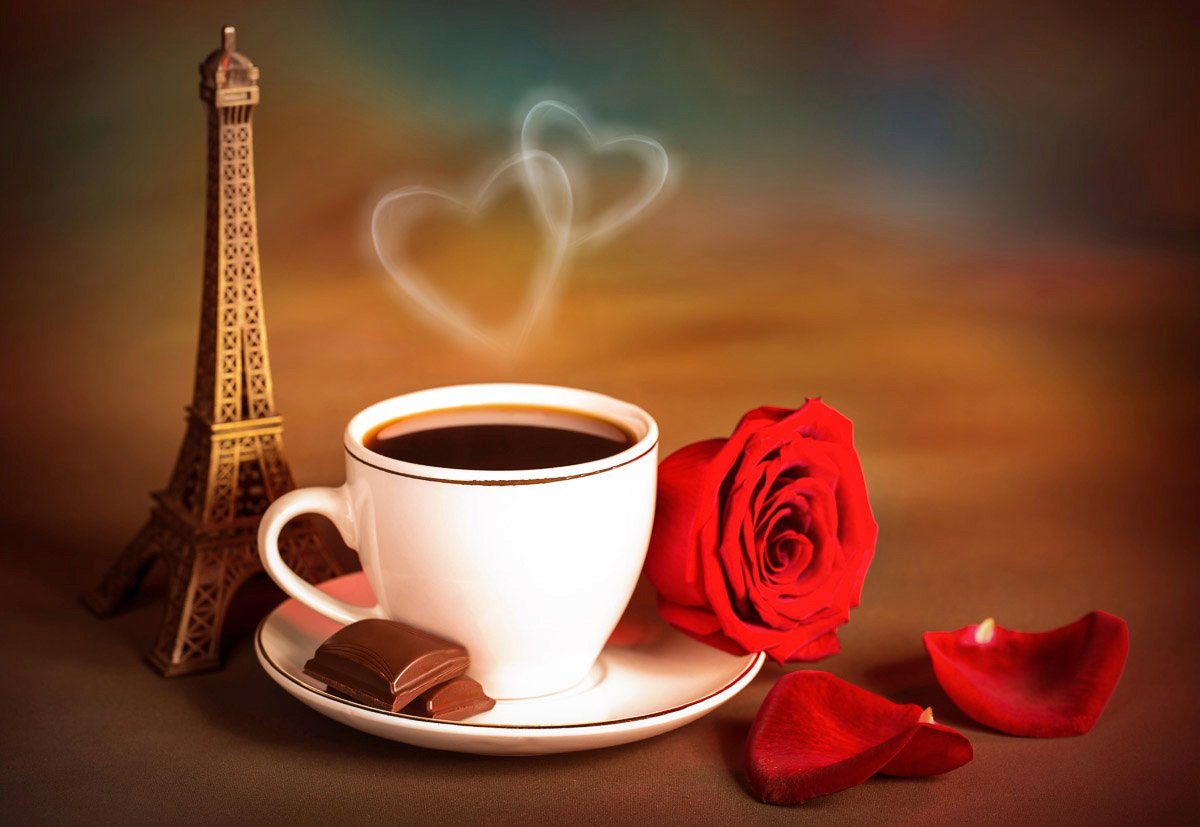 Papermoon Fototapete Tee mit Rosen und Eiffelturm