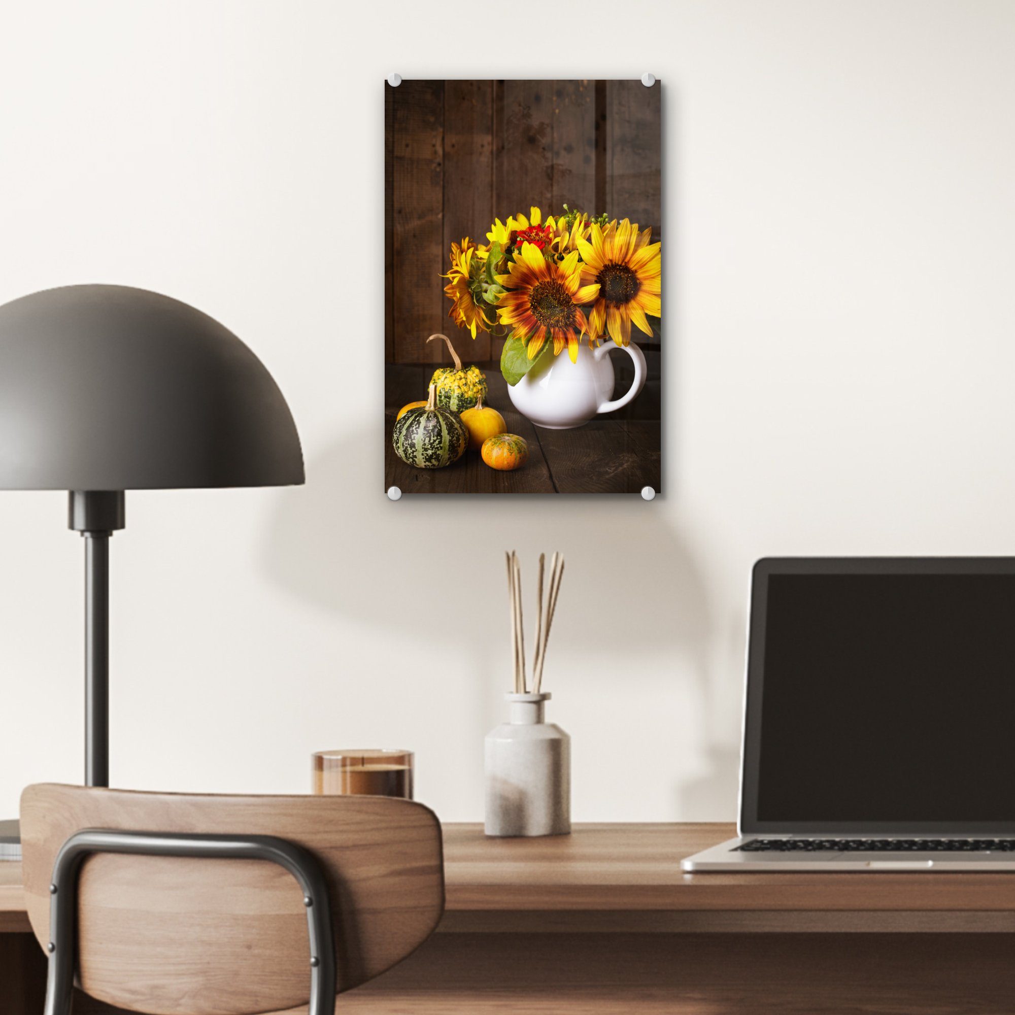 Kürbisse - Foto St), MuchoWow Wandbild - Bilder (1 Herbst, auf Acrylglasbild - auf - Glas Glas Glasbilder Sonnenblumen Wanddekoration -