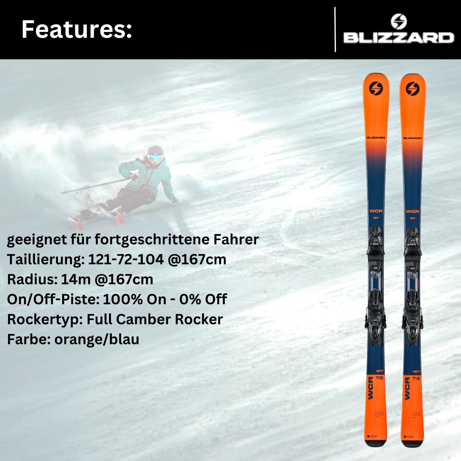 BLIZZARD Ski, orange/blau 10 Bindung WCR Rocker Blizzard Z3-10 Marker + Full TLT Ski Camber