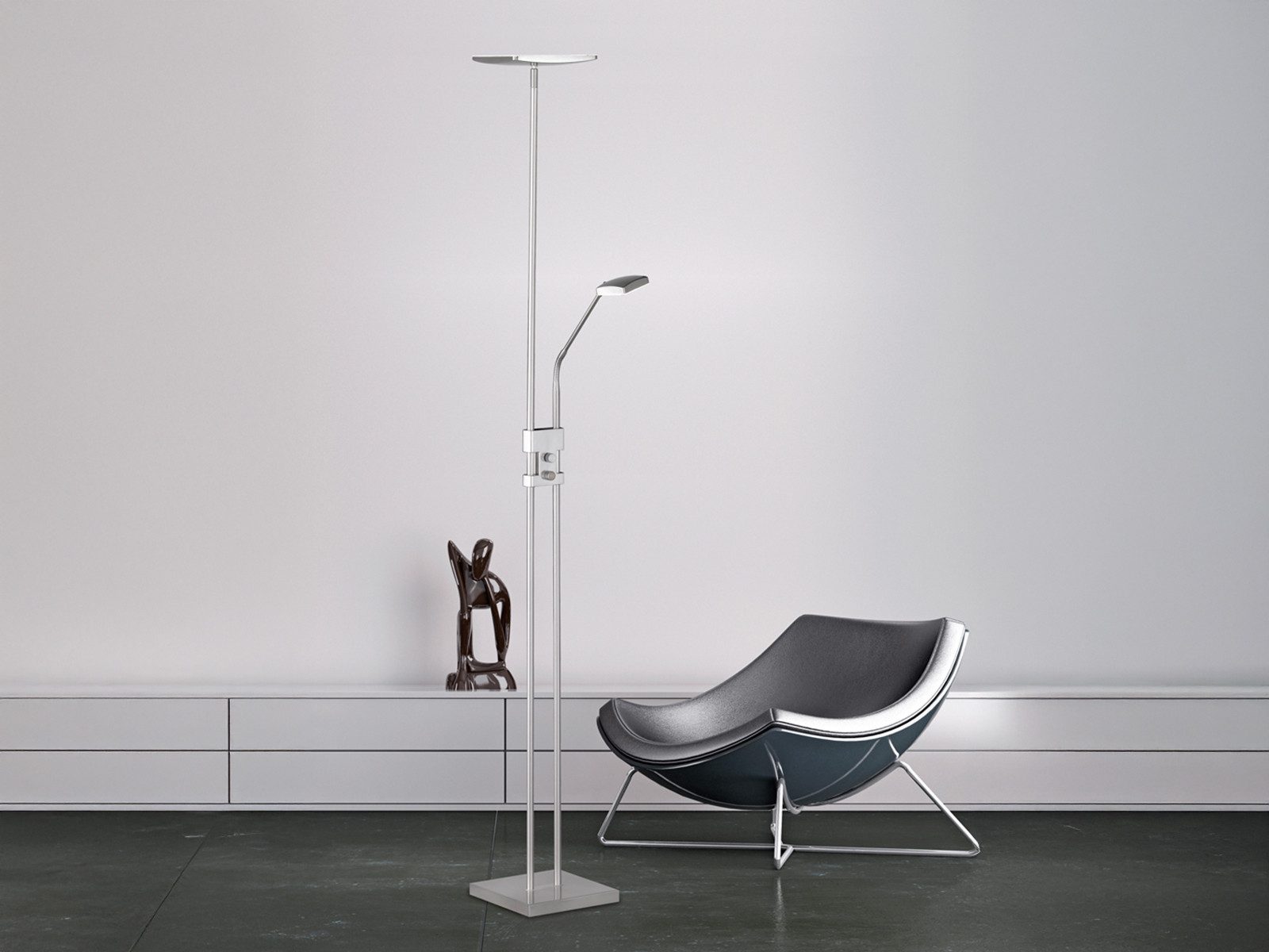 Reality Leuchten LED Deckenfluter, Dimmer, LED fest integriert, dimmbar über Drehdimmer, Warmweiß, große Stehlampe zum dimmen mit Leselampe für Lese-Ecke, Höhe 185cm