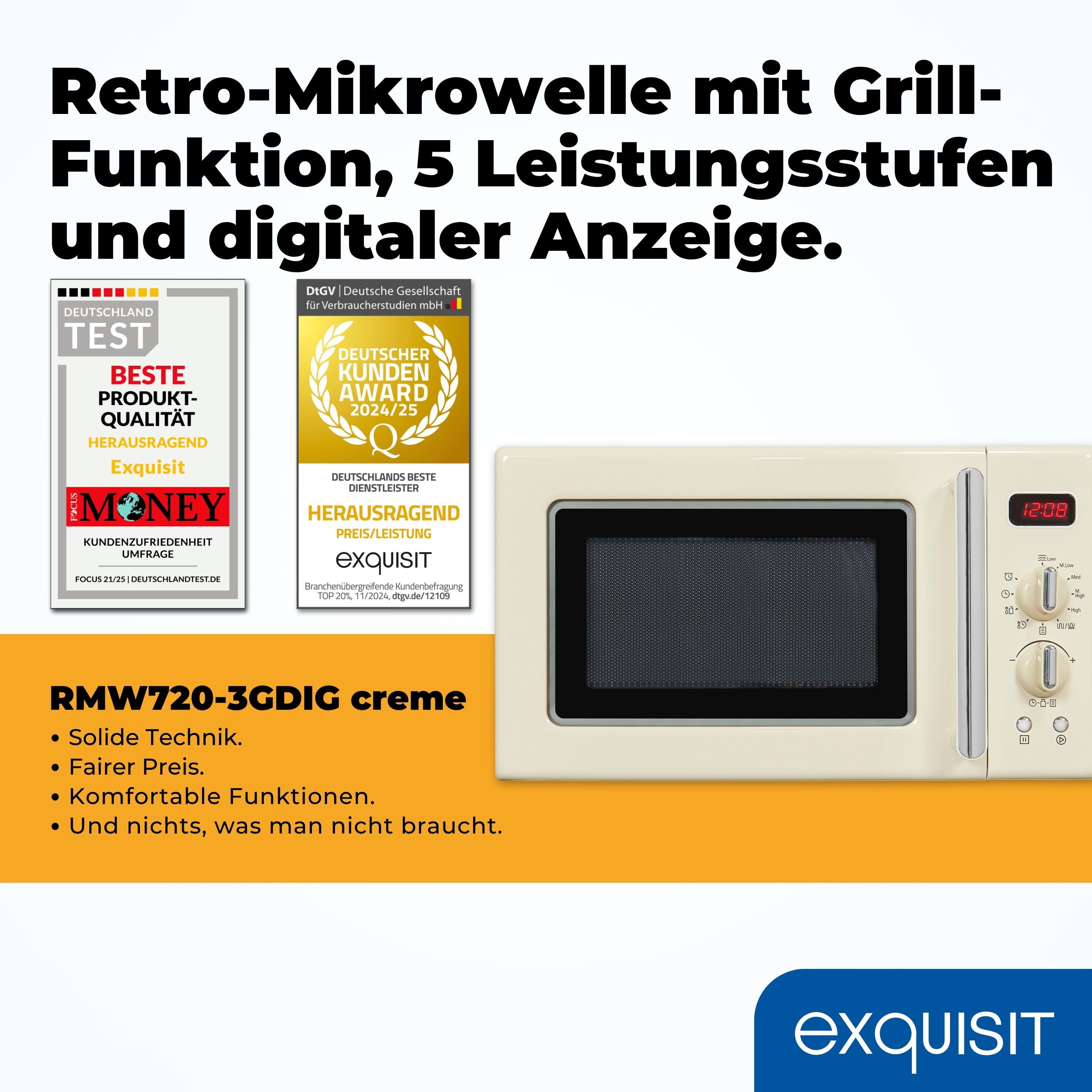 exquisit Mikrowelle, Grill, Mikrowelle, 20,00 l, attraktives Retro-Design mit praktischer Grillfunktion und Display
