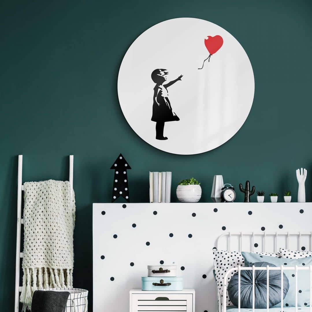 Glas Graffiti balloon, Girl K&L the Wall Deko Wandbild Bilder Rund Banksy Art Glasbild red with Wandschutz Gemälde