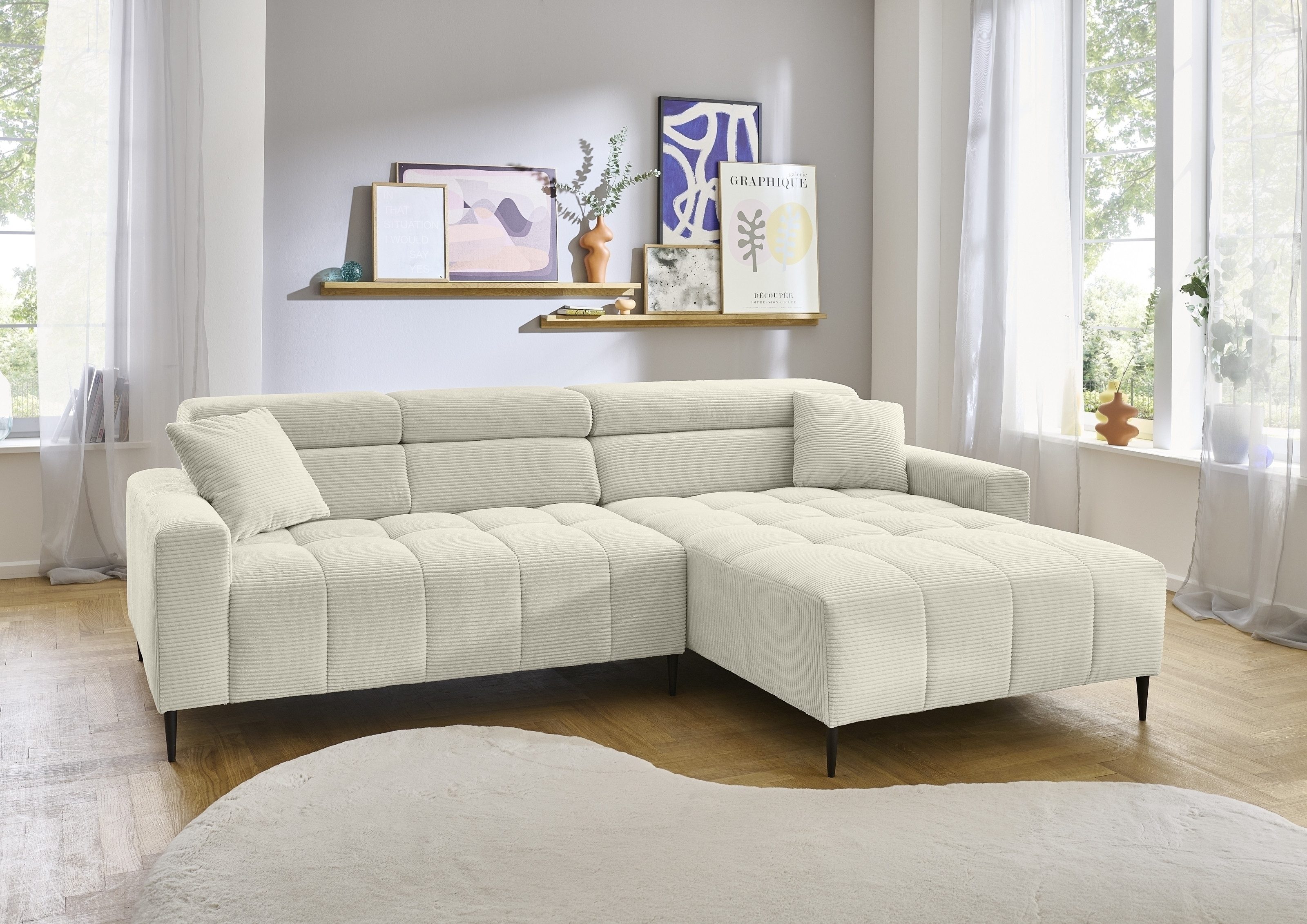 Iwaniccy Wohnlandschaft elektr. Sitztiefenverstellung, Cord beige - 256x100x180cm (BxHxT)