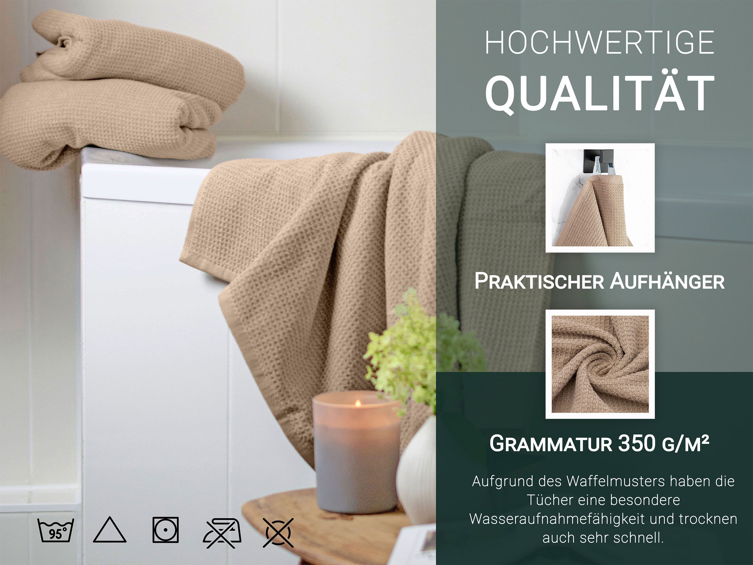 ZOLLNER Duschtücher, Waffelpique (3-St), 70 x 140 cm, 100% Baumwolle, vom Hotelwäschespezialisten, Waffelpique