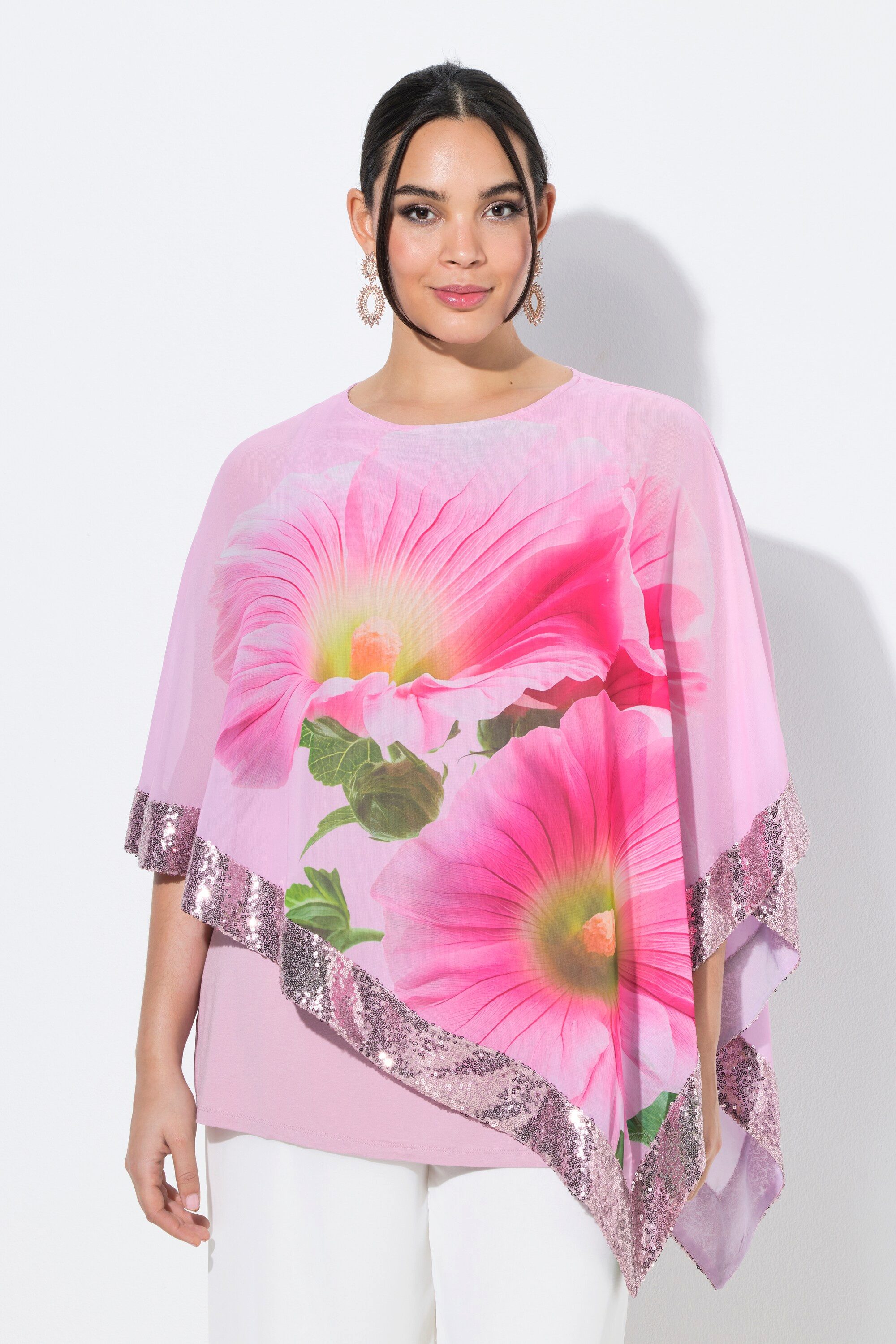 Ulla Popken Druckbluse Chiffonbluse Blüten U-Boot-Ausschnitt 3/4-Arm