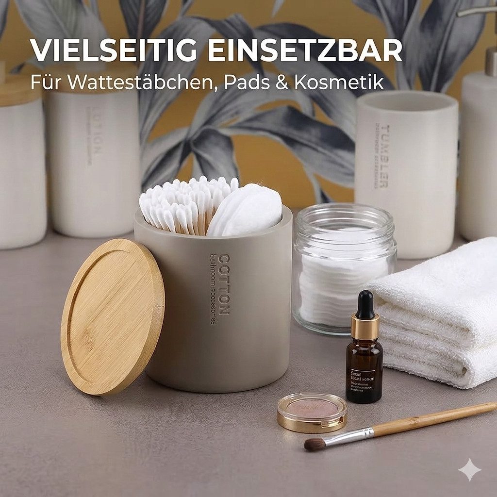 TENDANCE Wattestäbchenspender Wattedose Wattepadspender Kosmetikdose Wattebehälter Polyresin/Bambus