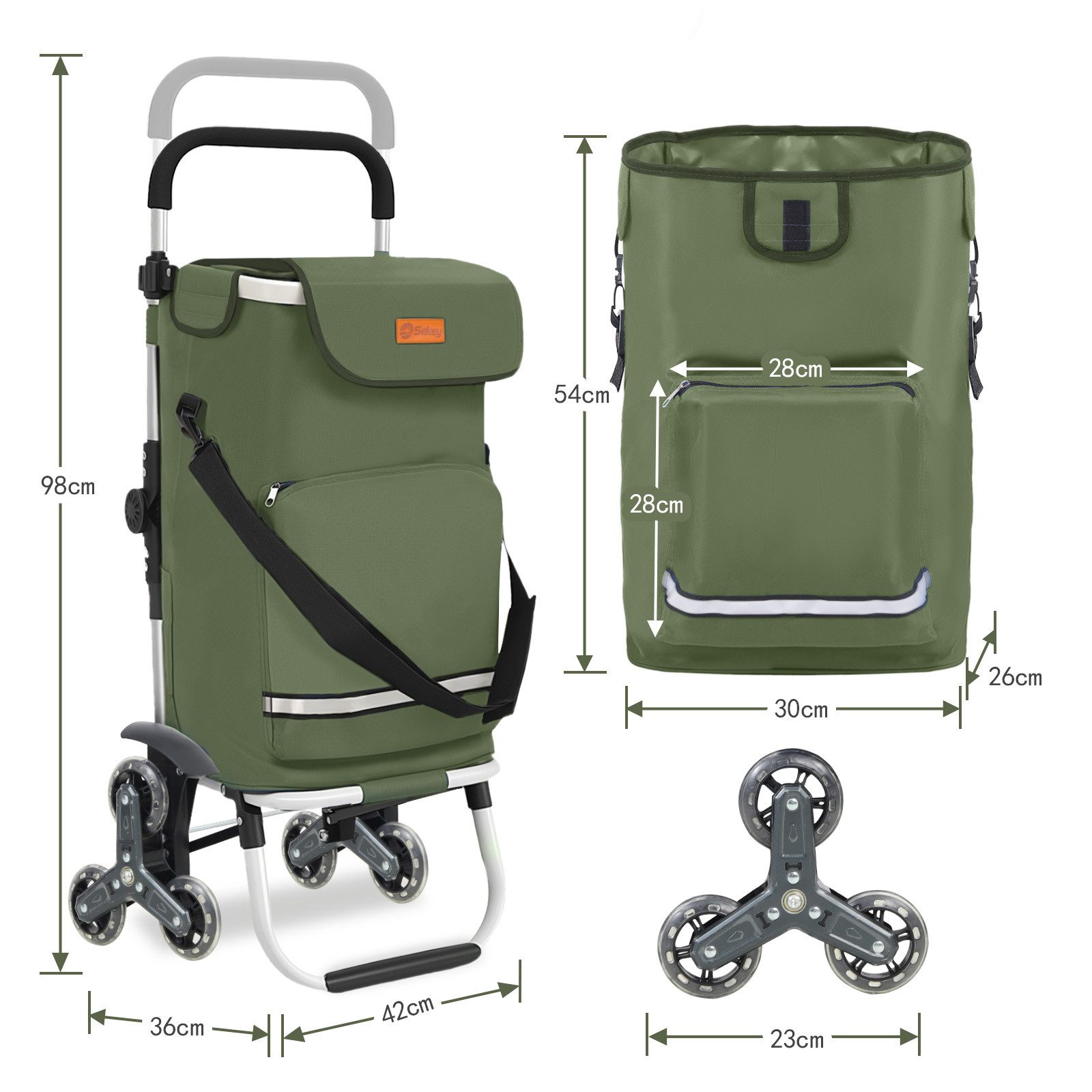 Sekey Einkaufstrolley Klappbarer Einkaufswagen mit Kühlfach, Treppensteiger Trolley 3 in 1, 42 l, Faltbarer Einkaufswagen inkl. Einkaufschip und Spanngurt