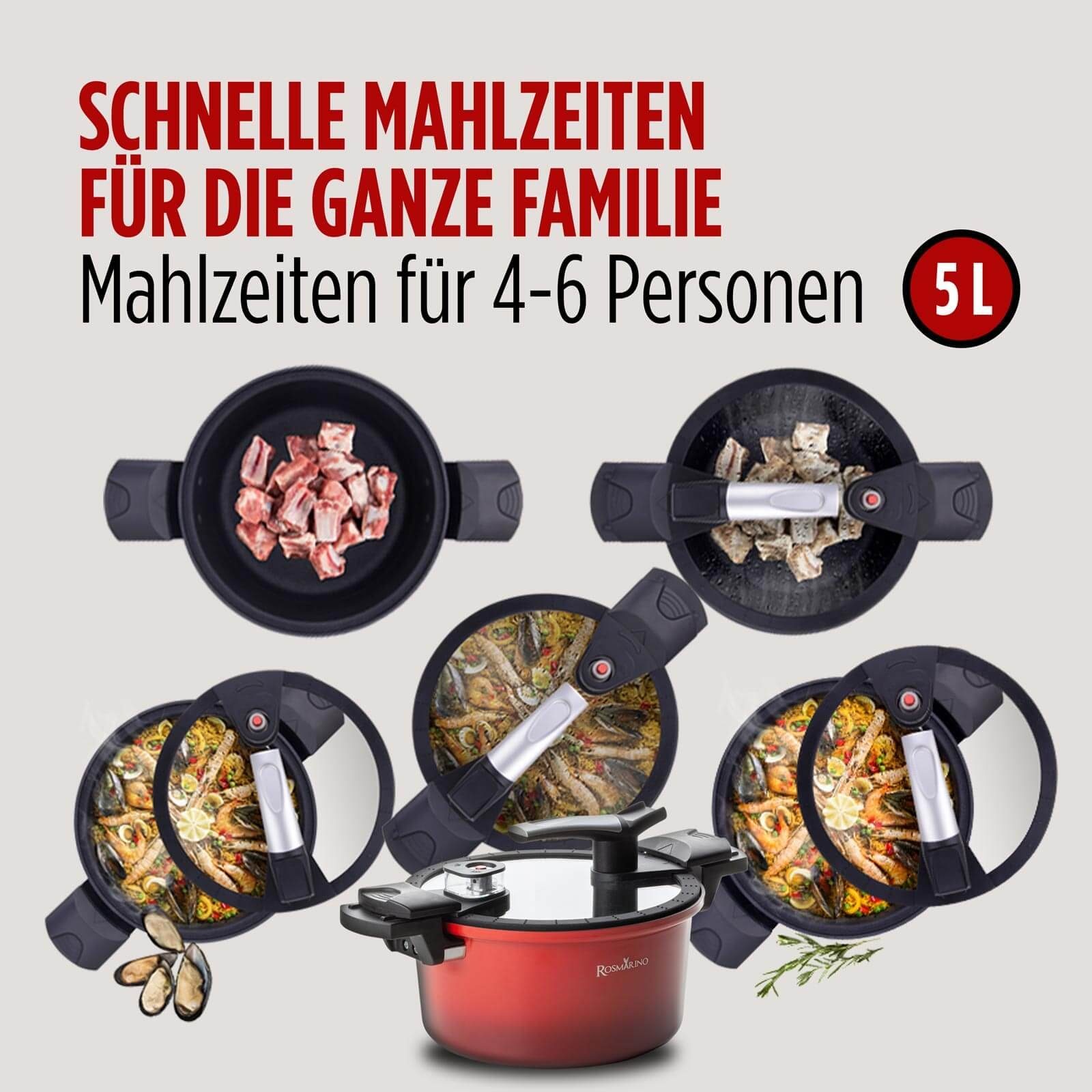 ROSMARINO Schnellkochtopf Schnellkochtopf Zeit- und energiesparendes Kochen für Mahlzeiten, (1-tlg)