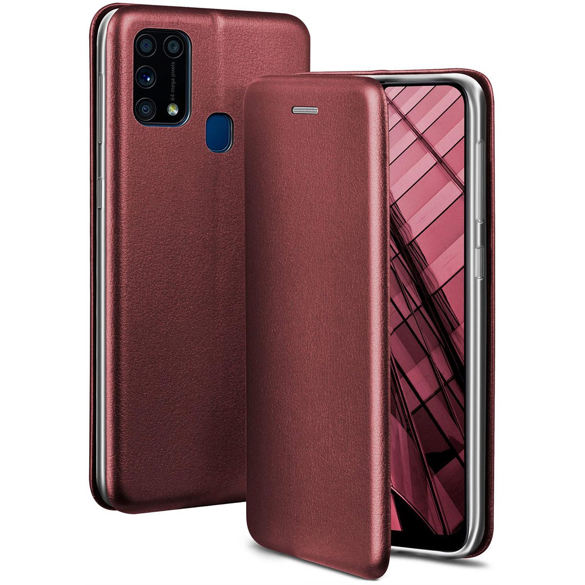 ONEFLOW Handyhülle für Samsung Galaxy M31 Premium Hülle Business Cover Rot 6,4 Zoll, 360 Grad Schutzhülle Flip Case Etui Klapphülle Dünn Leder Handy Tasche