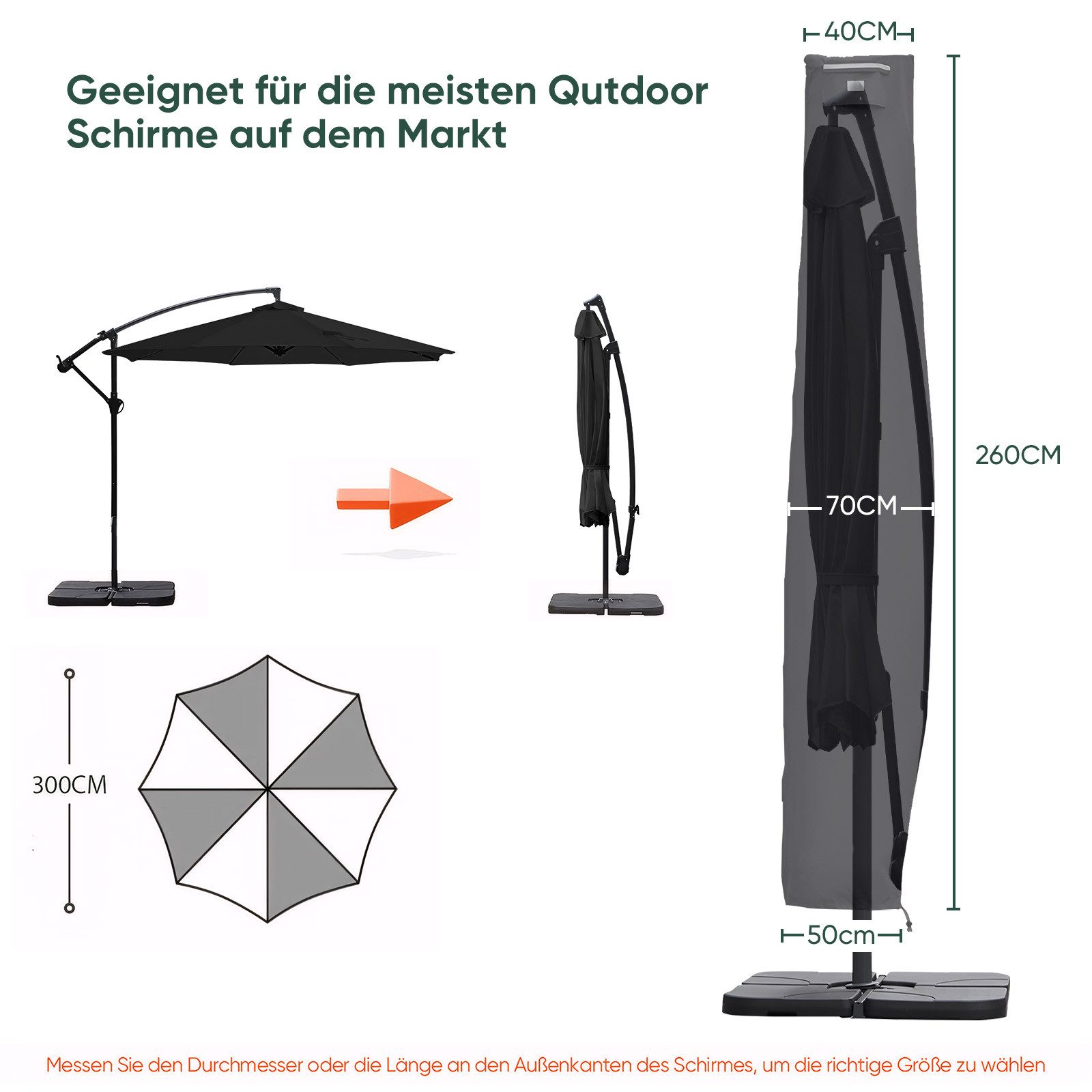 Sekey Sonnenschirm-Schutzhülle für Ampelschirm 3m Cover Abdeckung Plane mit Stab und Reißverschluss, aus 600D Oxford, Winterfest, Wasserabweisend, UV Schutz Abdeckhauben