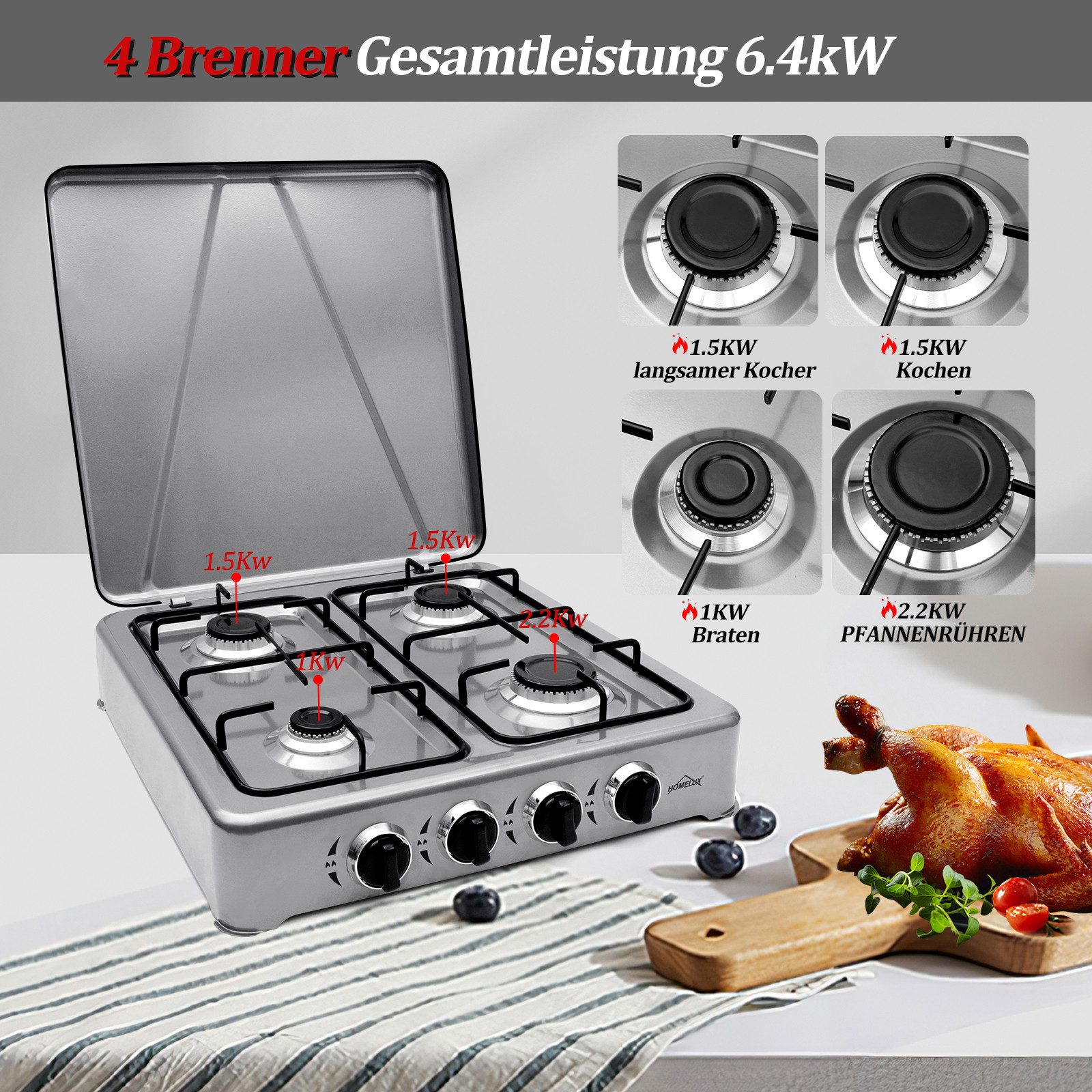 HOMELUX Gaskocher 6,2 KW Gaskocher, 4 Flammig Campingkocher Kochfeld, (2,2 kW + 2x 1,5 kW + 1,0 kW), Gaskocher mit Schlauch-Anschluss und Druckmindere
