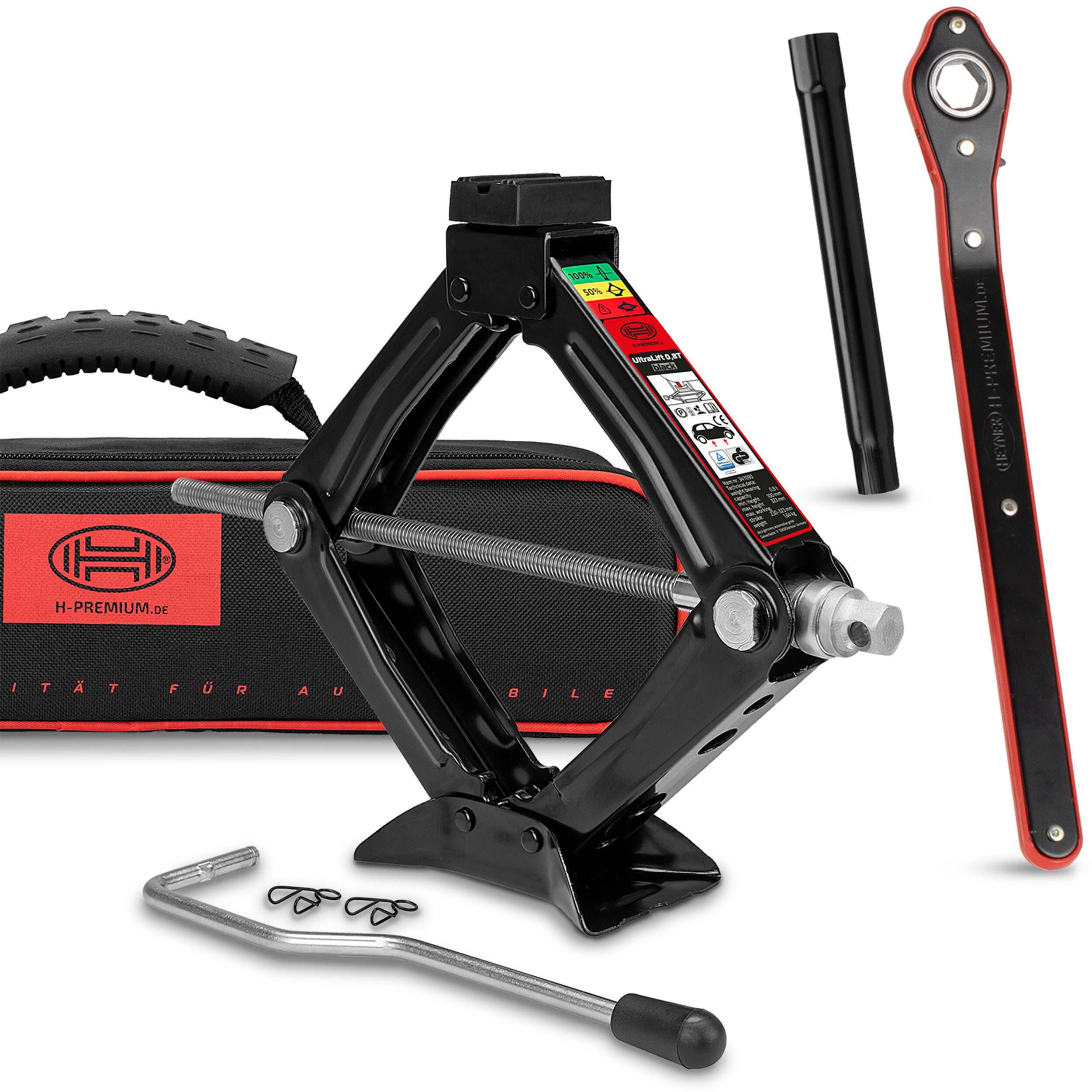 HEYNER Wagenheber Scherenwagenheber 0,8t mit Ratschenkurbel, TÜV & GS, Gummi & Tasche, max. Hubhöhe: 32.3 cm, Solo