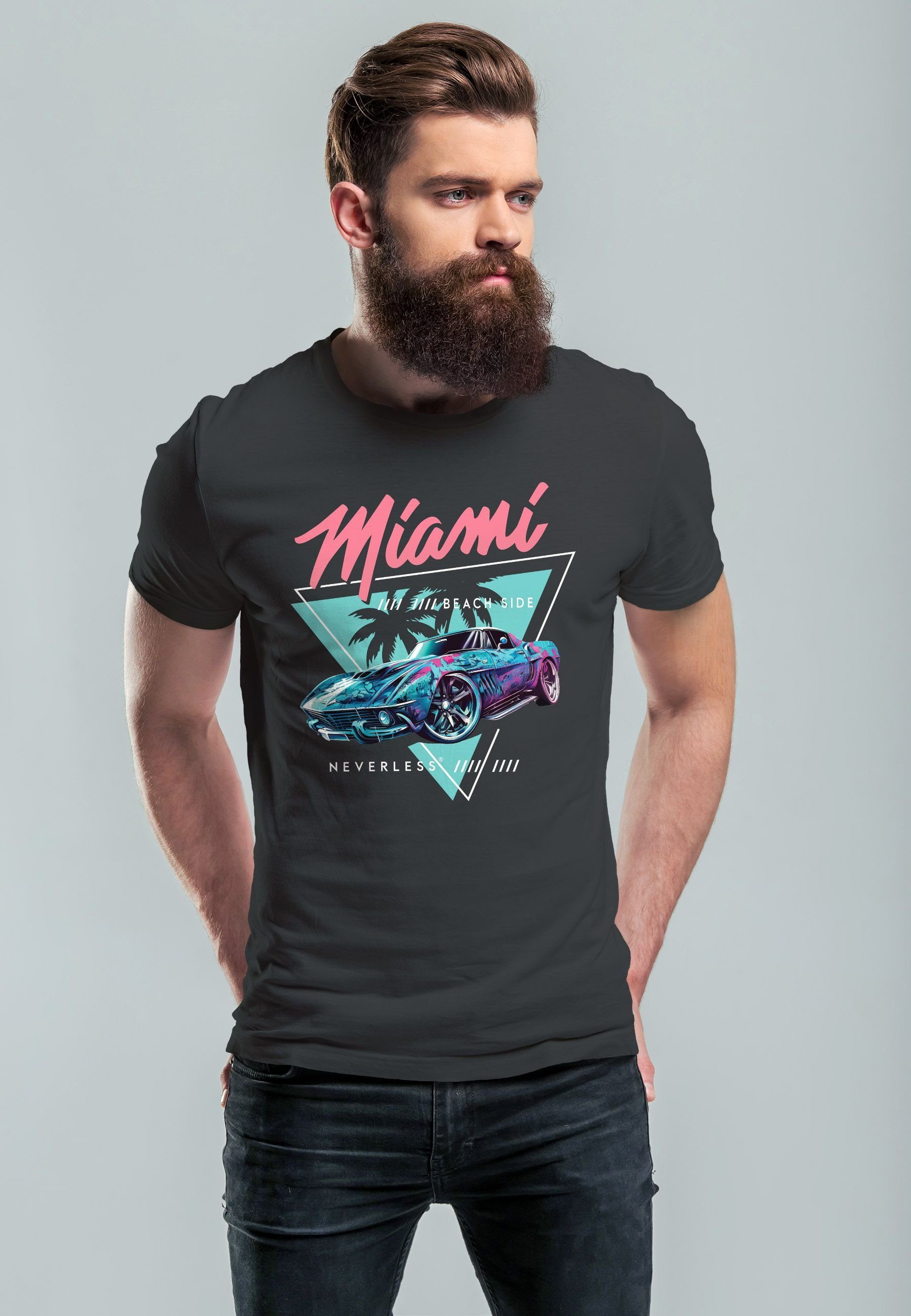 Motiv Bedruckt Retro Herren Neverless Print-Shirt T-Shirt Miami mit dunkelgrau Automobil Surfing USA Print Beach