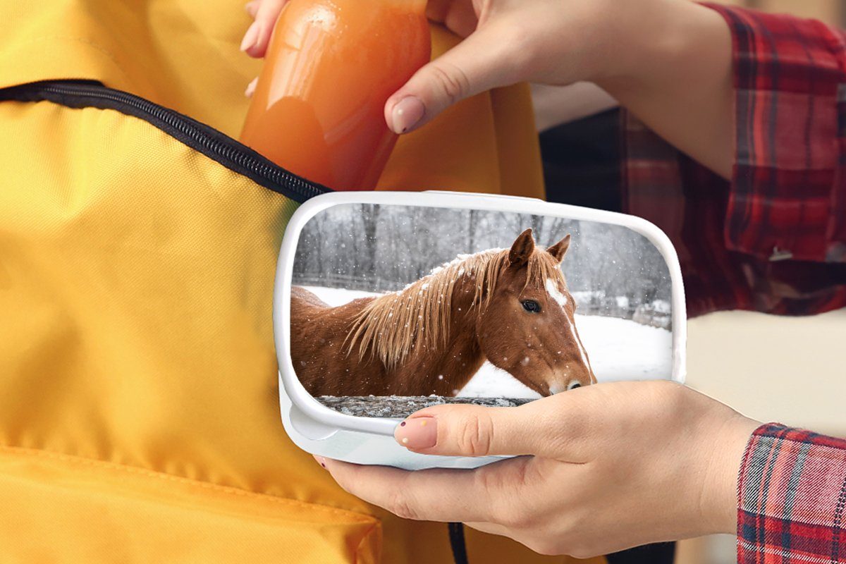 MuchoWow Lunchbox Pferd - - Mädchen und Schneeflocke für weiß Jungs für - Erwachsene, (2-tlg), und Kunststoff, Brotdose, Brotbox Zaun Kinder Winter