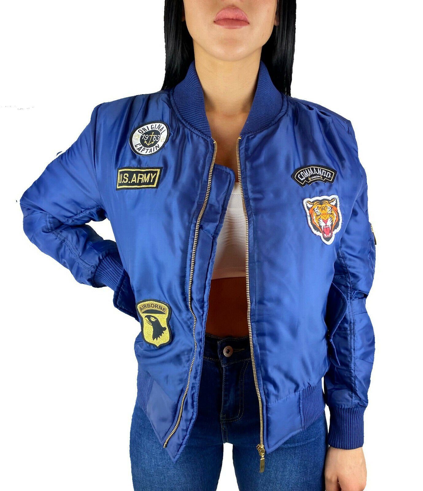 Patches mit Jacke Bomberjacke Jacke Army Worldclassca Militär Damen Hellblau Worldclassca Bomber Fliegerjacke Camouflage Bomberjacke Blouson Übergangsjacke XS-L Piloten Neu