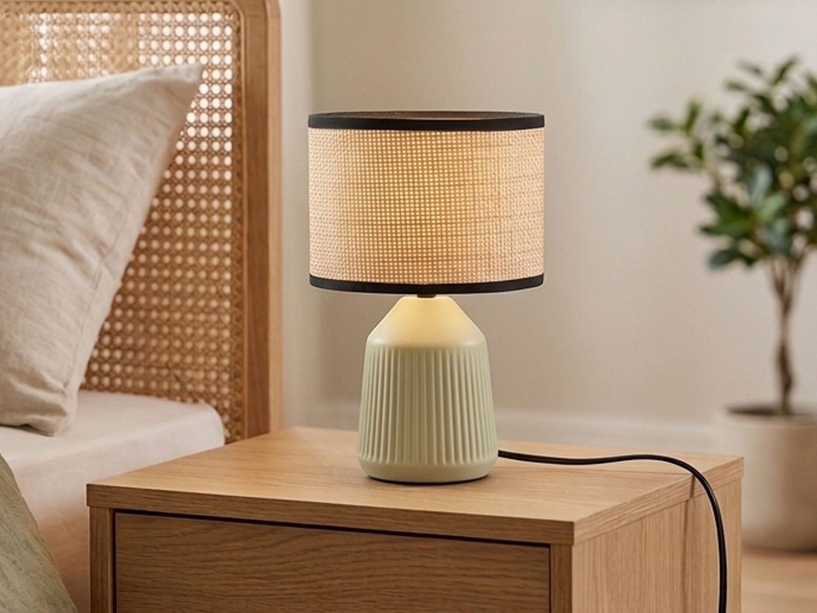 Reality Leuchten LED Nachttischlampe Keramik, Papier geflochten, Höhe 26,5cm, Leuchtmittel dimmbar, LED wechselbar, Warmweiß, klein-e Landhaus-Stil Tischlampe mit Keramik-Fuß & Lampenschirm Natur