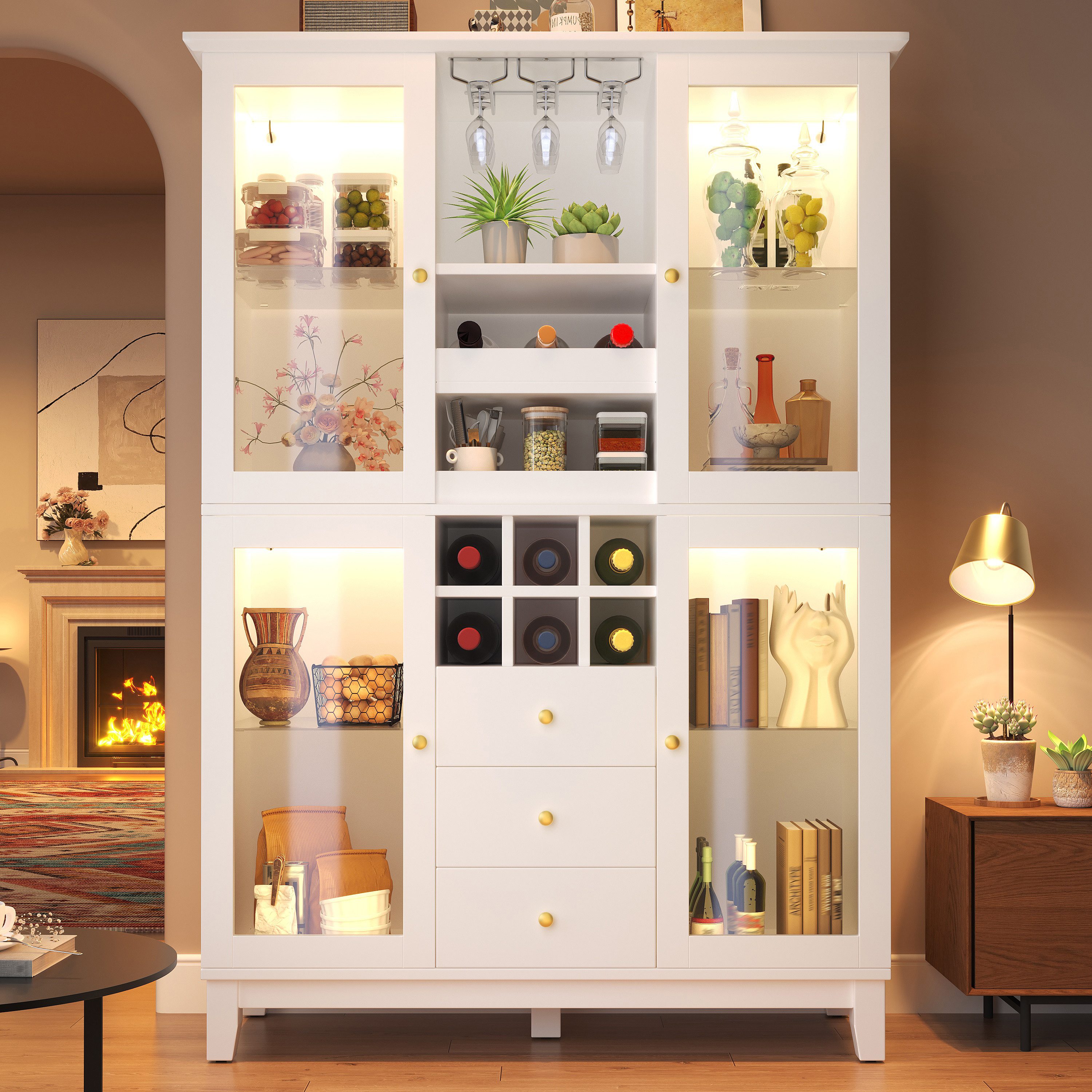 TavilaEcon Weinschrank mit App-gesteuerter LED-Beleuchtung & 3 Schubladen (1-St) mit Weinglas- & Flaschenhalter, Schwarz/Weiß