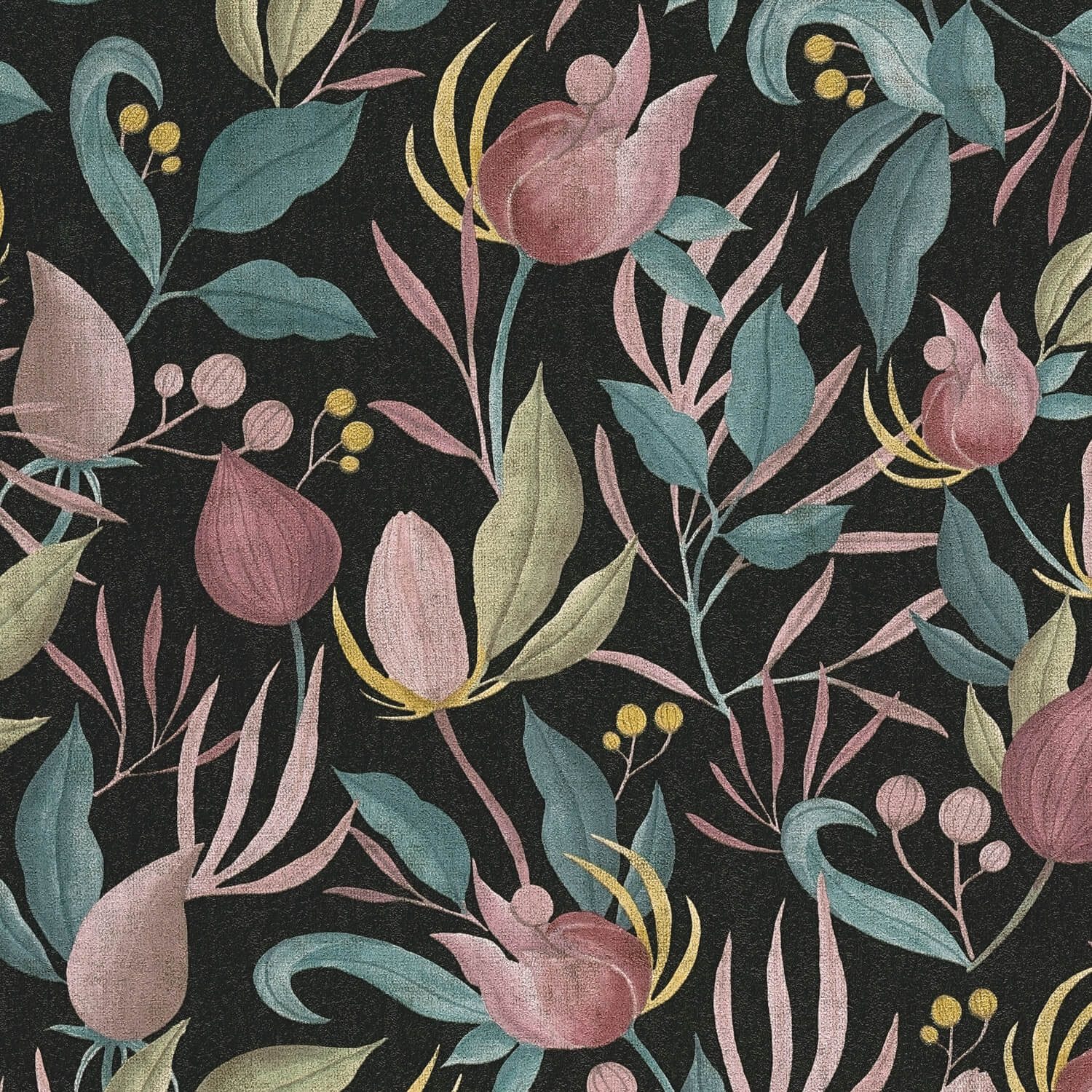 Profhome Vliestapete 790622-GU Blumen Tapete Floral matt schwarz alt-rosa oliv-gelb, geprägt, (1 Rolle, 5,33 qm), heißgeprägte Vliestapete, schwarz