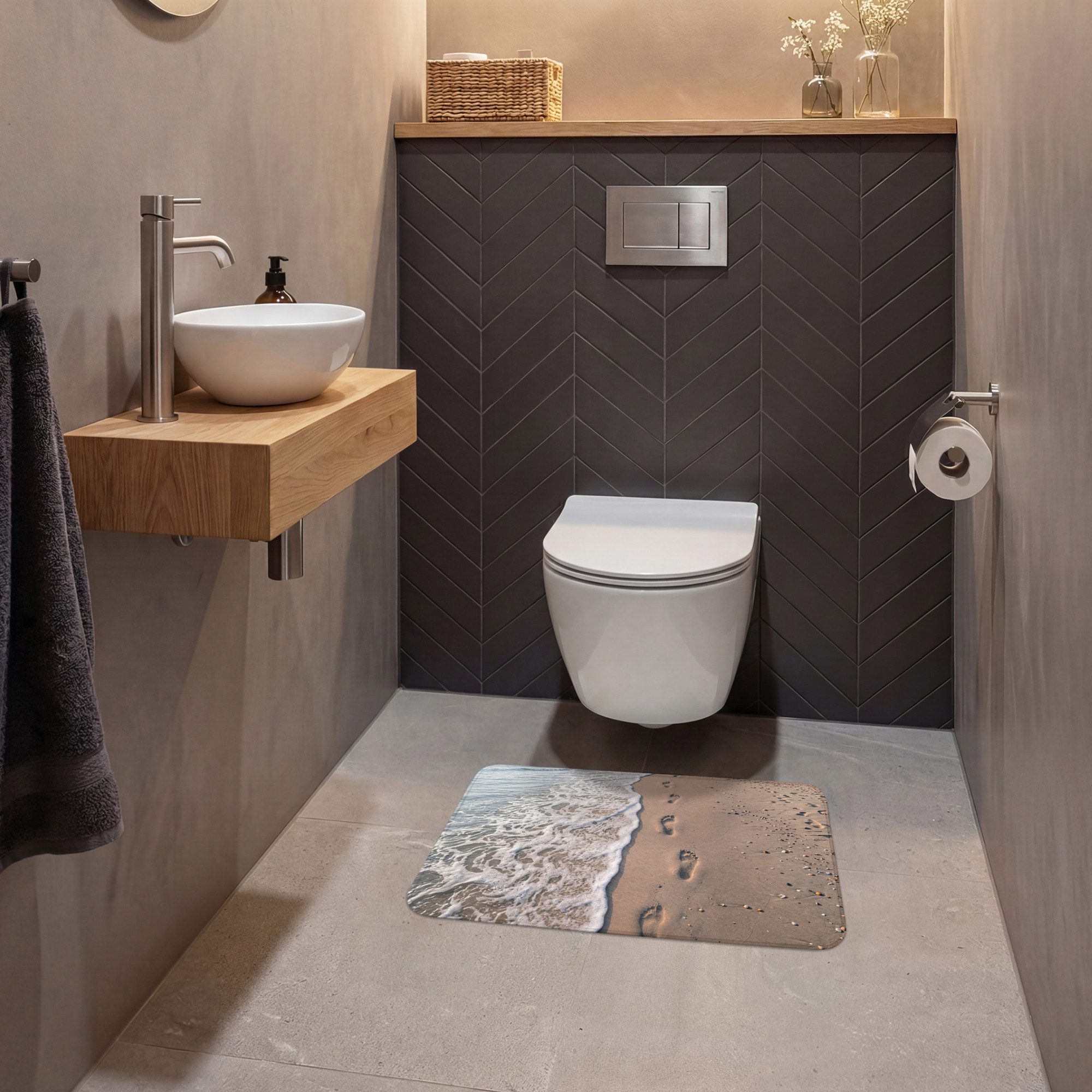 OnlyWow WC-Vorleger Fußstapfen - Gezeitenlinie - Meer, Höhe 10 mm, Polyester, Rechteckig, WC Teppich, Toilettenvorleger, Toilettenteppich, Badematte 60x40 cm – Bild 4 von 5