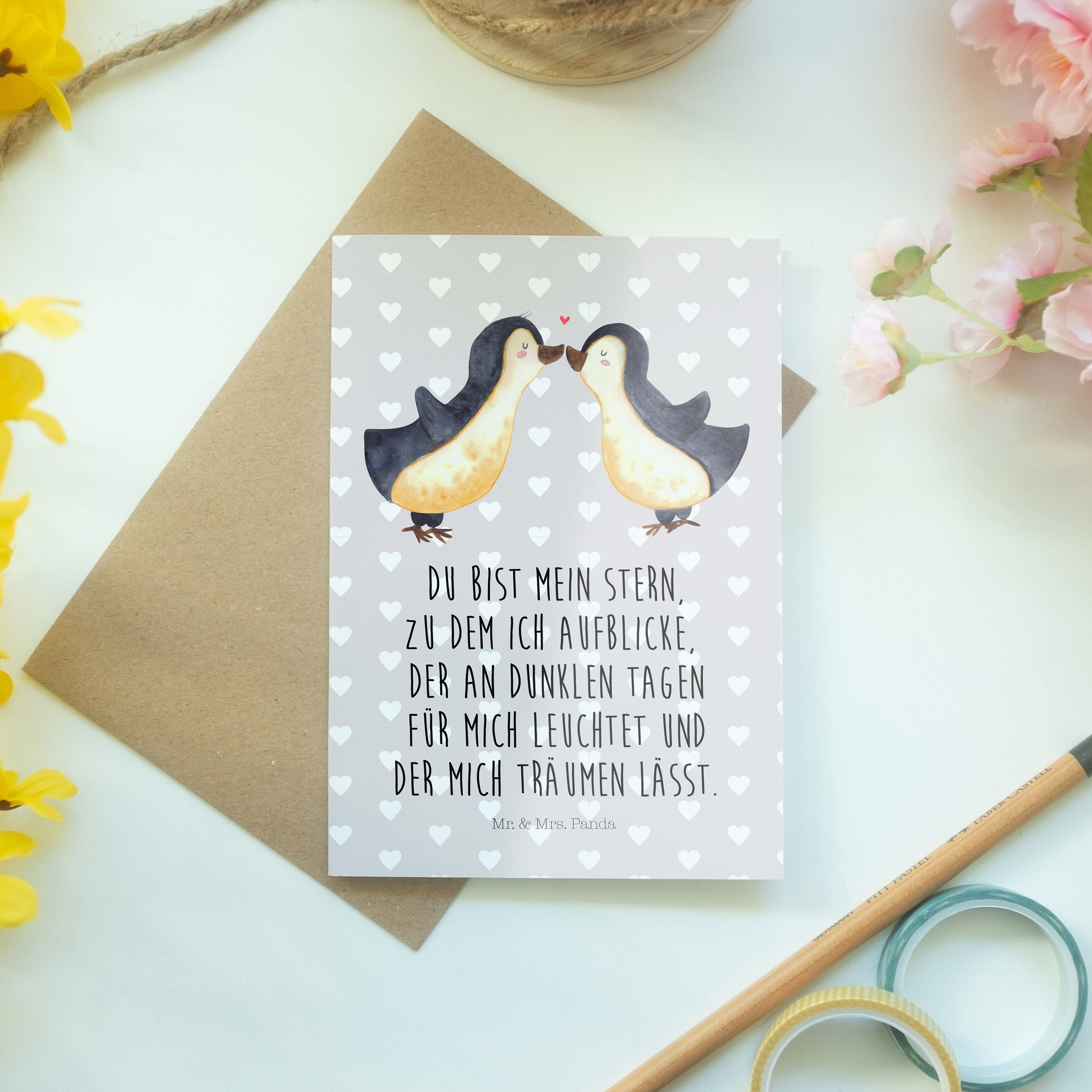 Geschenk, Grußkarte Grau & Mrs. Liebe Panda Mr. Pastell - Liebesspru Pinguin Geburtstagskarte, -