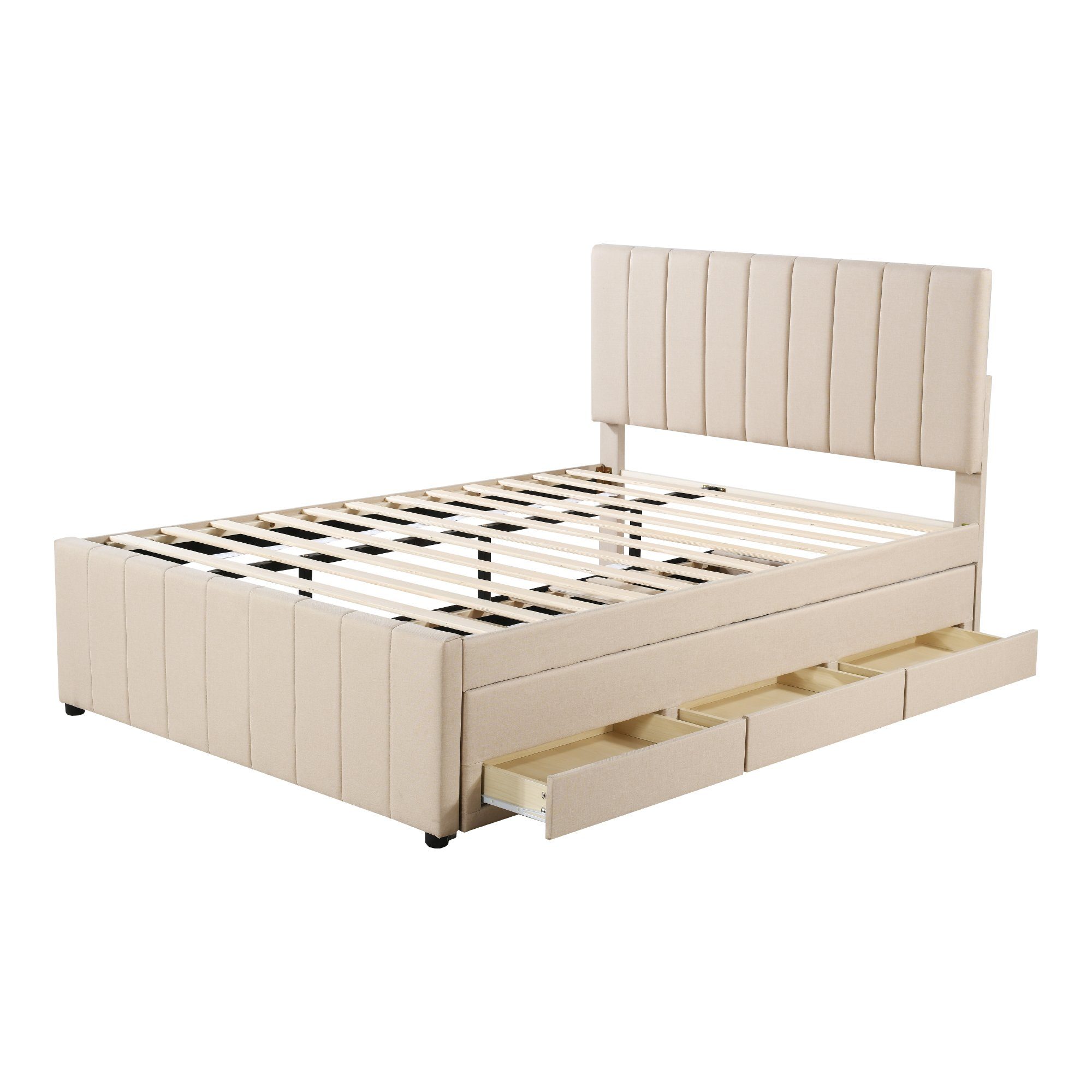 Polsterbett (Doppelbett 140x200cm), mit 3 Schubladen und Ausziehbett 90x190cm, Bezug aus Baumwolle-Leinen