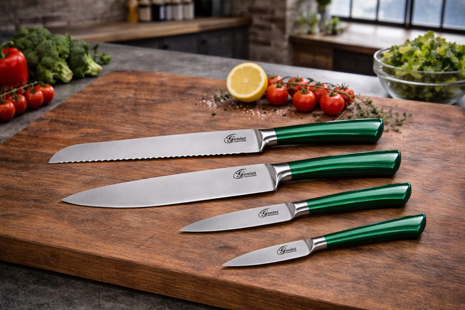 Genius Messerblock Genius Profi Messer-Set 4-tlg. Grün Edelstahl Küchenmesser Kochmesser
