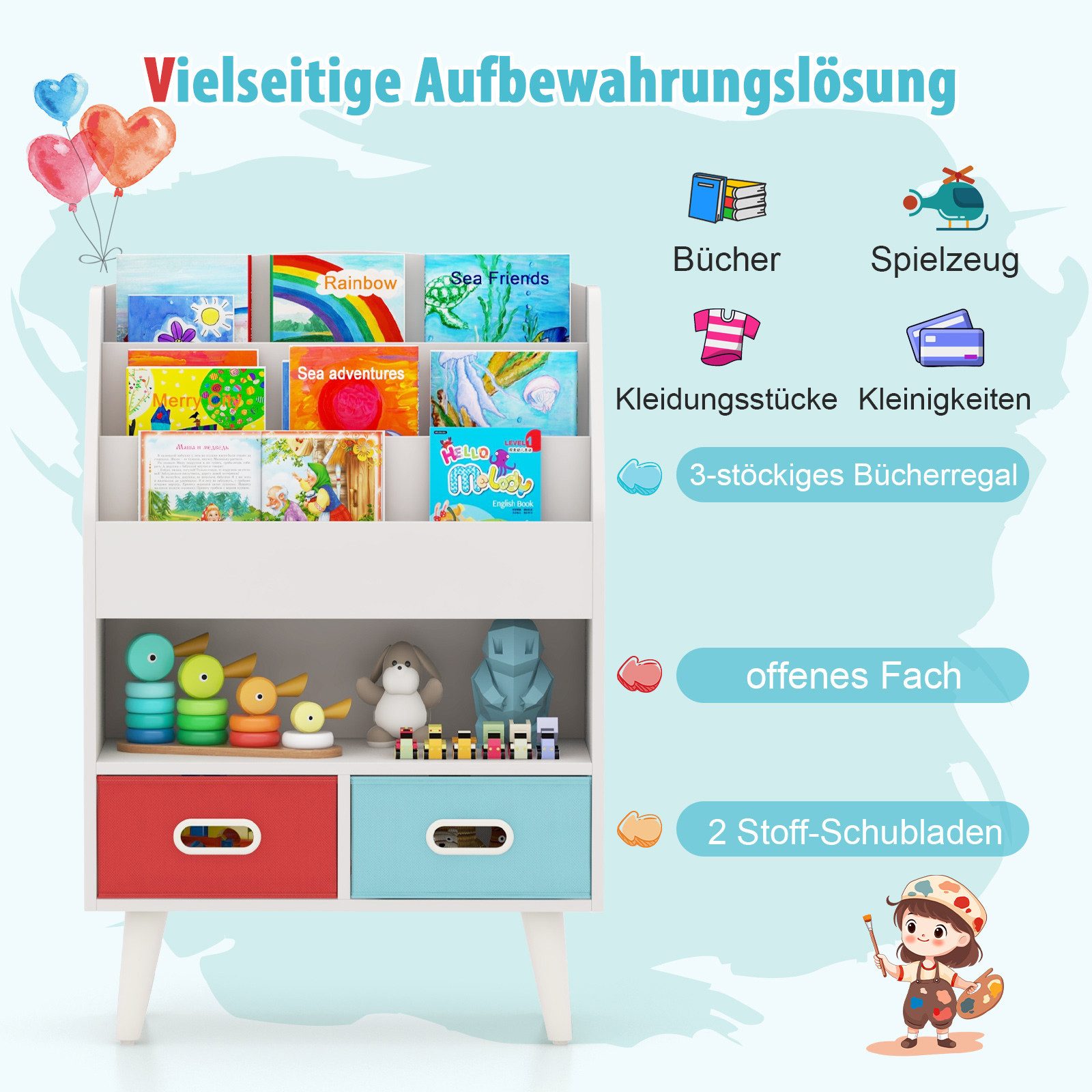 COSTWAY Spielzeugtruhe, Kinderregal mit 3-stufigen Regalen