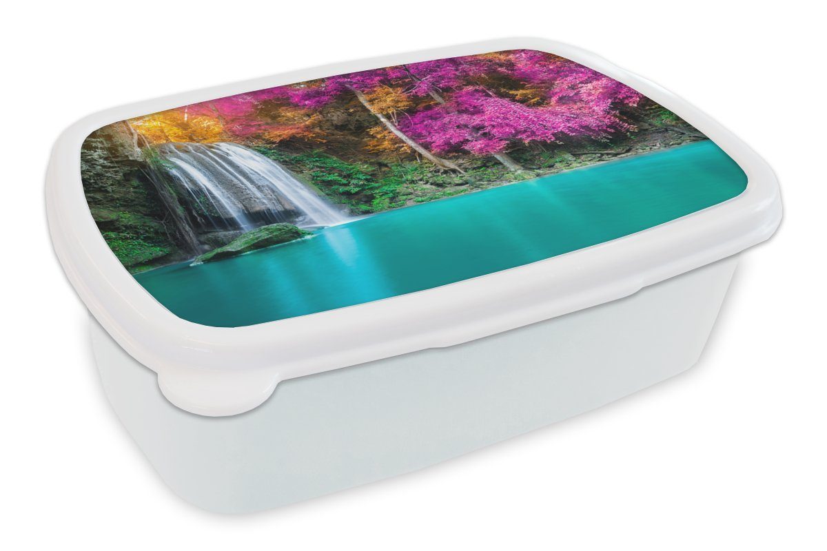 MuchoWow Lunchbox Wasserfall - Bäume - Rosa - Braun - Natur, Kunststoff, (2-tlg), Brotbox für Kinder und Erwachsene, Brotdose, für Jungs und Mädchen weiß