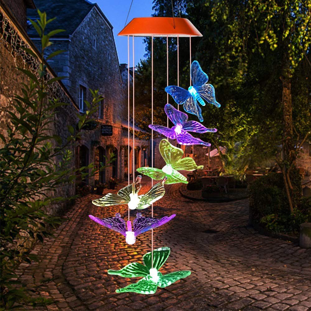Tageslichtweiß, Solar LED Farbwechsel integriert, Schmetterling LED Schmetterlinge, MAVURA Draußen Gartenlampe Hängende fest Lichtspiel leuchtende Gartenleuchte LED Windspiel