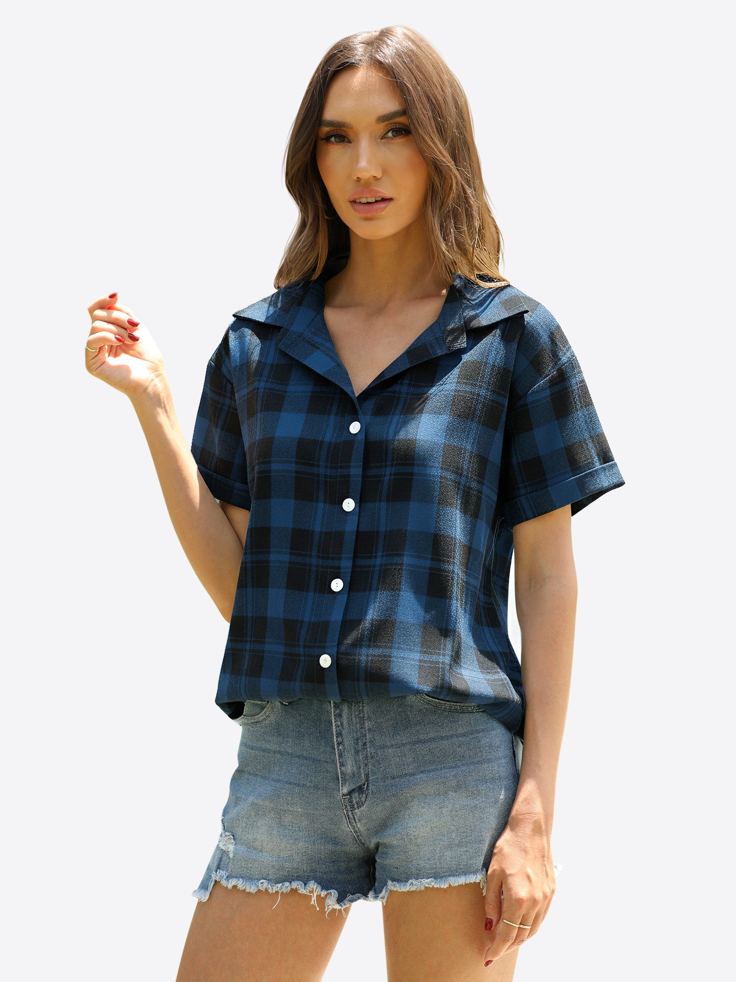 Imily Bela Kurzarmshirt Damen Kariertes Hemd mit Knöpfen (Packung, 1-tlg., 1per-Pack) Reverskragen