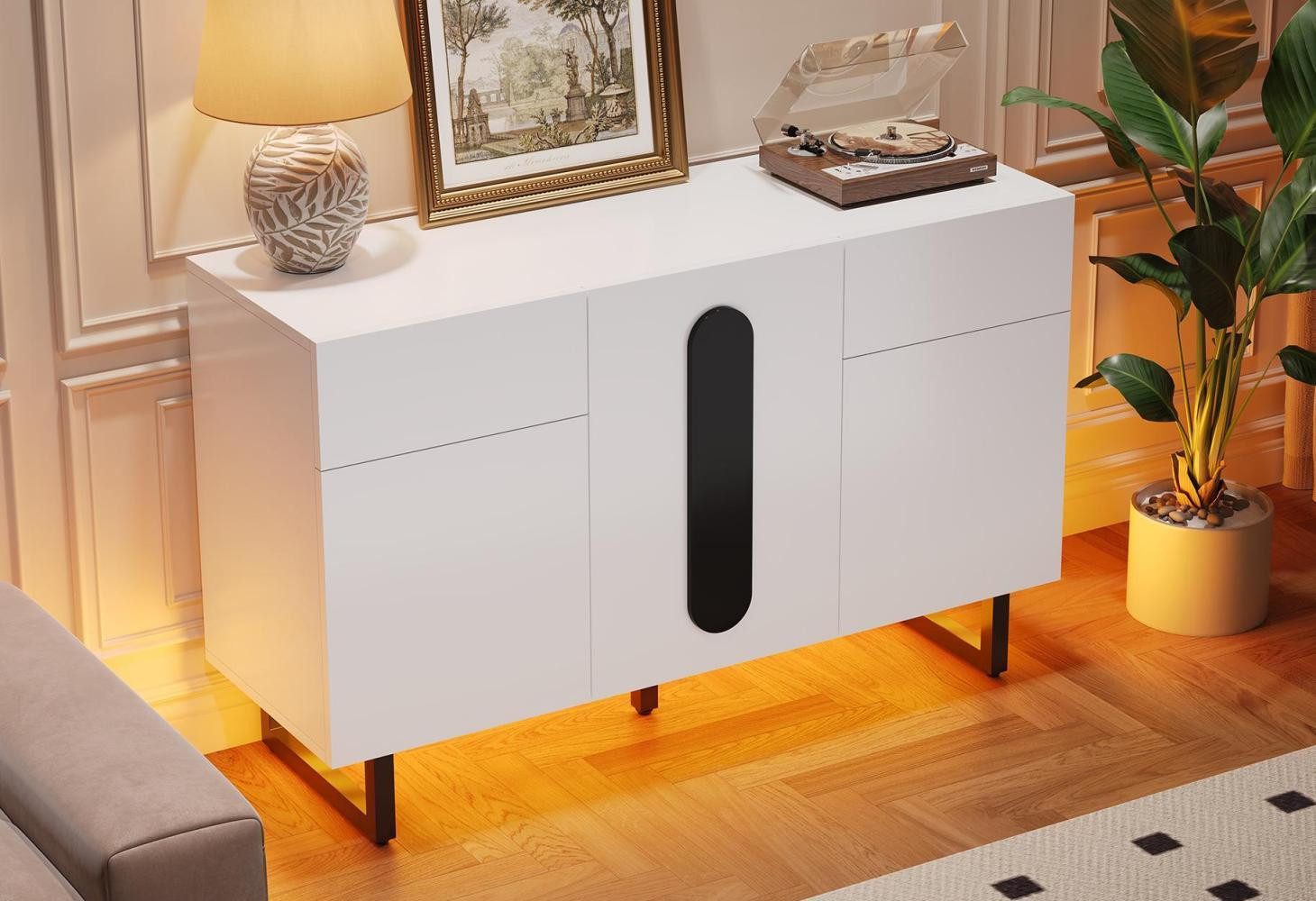 LVHOM Sideboard 120 cm, Kommode, schlichtes Design in Schwarz und Weiß, Metallbeine (zwei Schubladen und mehrere Fächer, Einlegeböden verstellbar, flexible Organisation und praktisch, LED-Beleuchtung, bis 50kg), geeignet für Esszimmer, Wohnzimmer und Küche