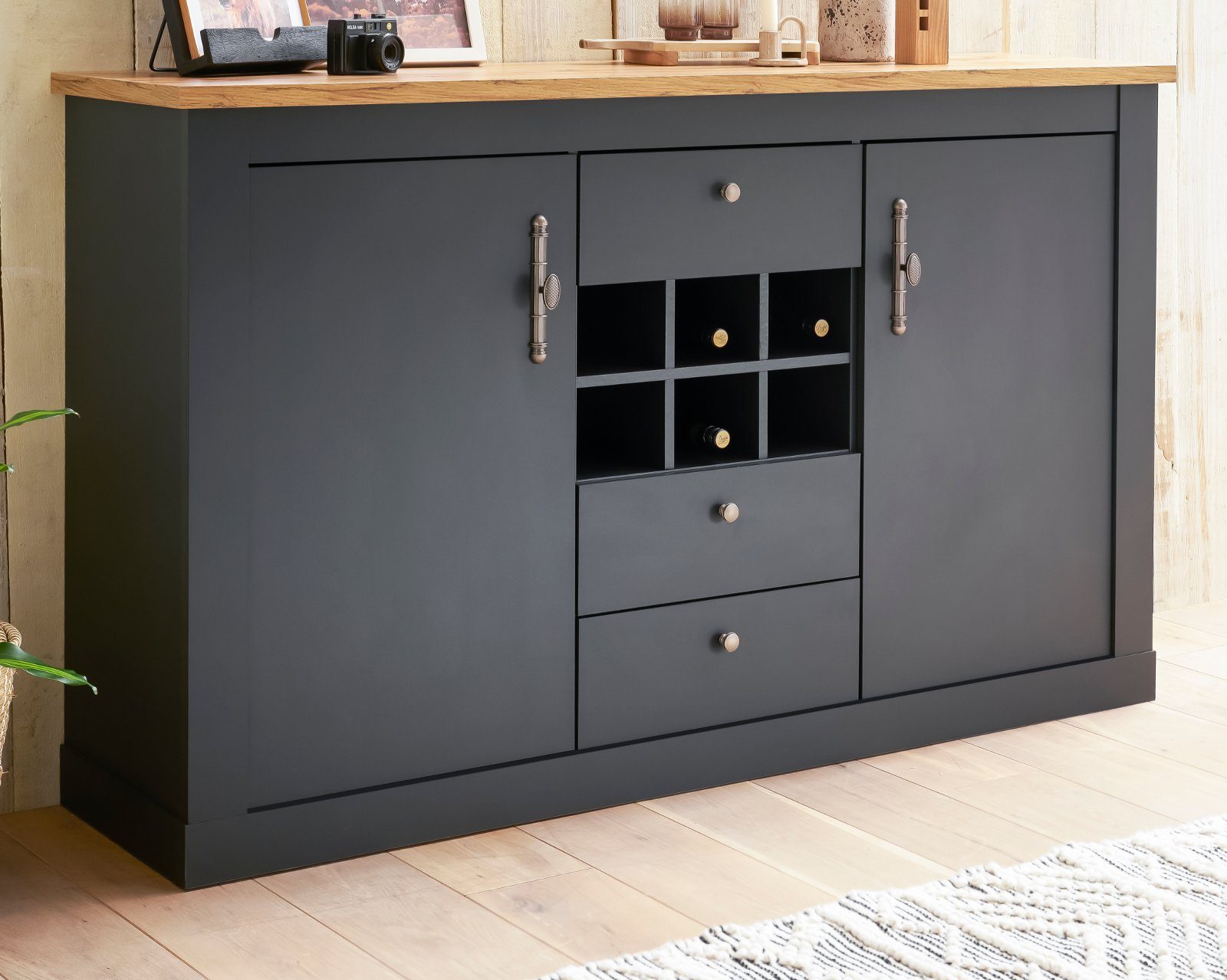 Furn.Design Anrichte Ribera (hohes Sideboard in matt grau mit Wotan Eiche, 169 x 104 cm), mit Soft-Close-Funktion