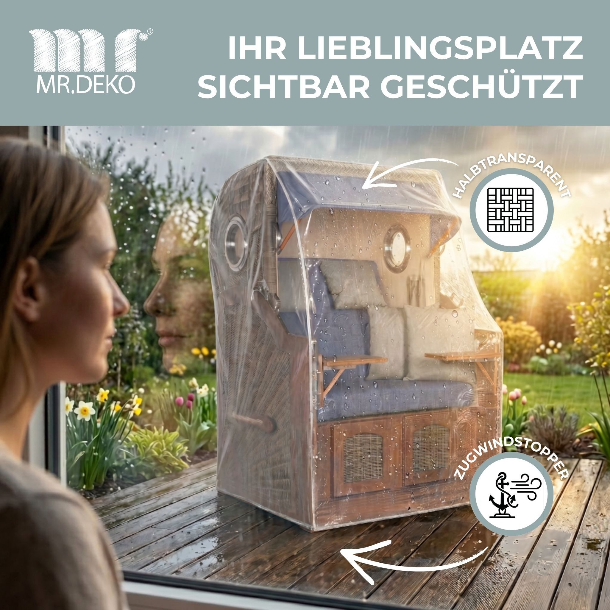 MR.DEKO Strandkorb-Schutzhülle PVC M – Transparent, UV-stabil & wetterfest, für 2-Sitzer (Passend für alle 2-Sitzer Strandkörbe bis 120 cm Breite, 1-St), Abdeckplane PE-Gewebe mit Reißverschlüssen & Zugband