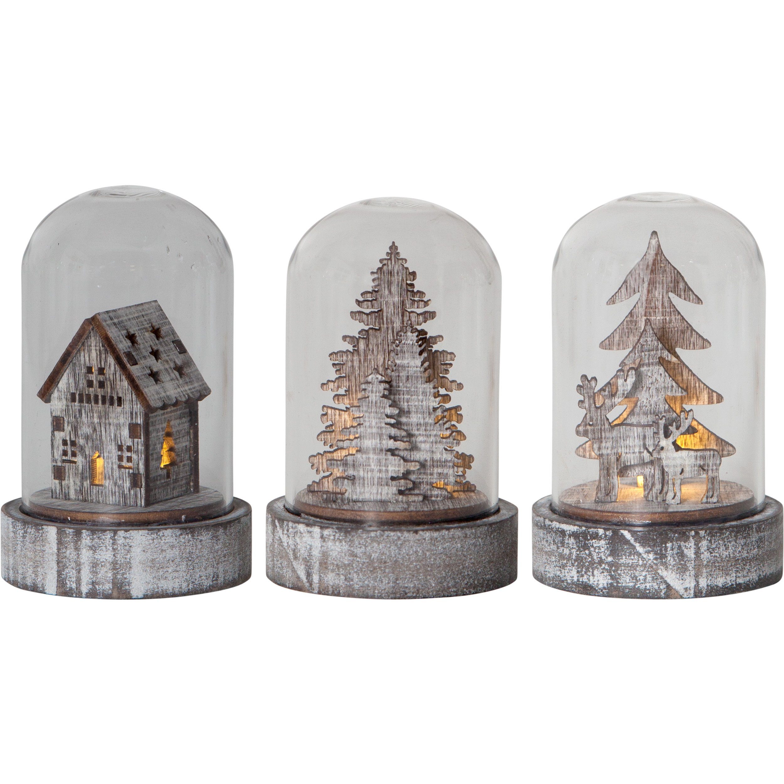 STAR TRADING LED Dekolicht LED Deko Kupol, LED Deko Kupol mit Glaskuppel, Holz, batteriebetrieben, 3er Set