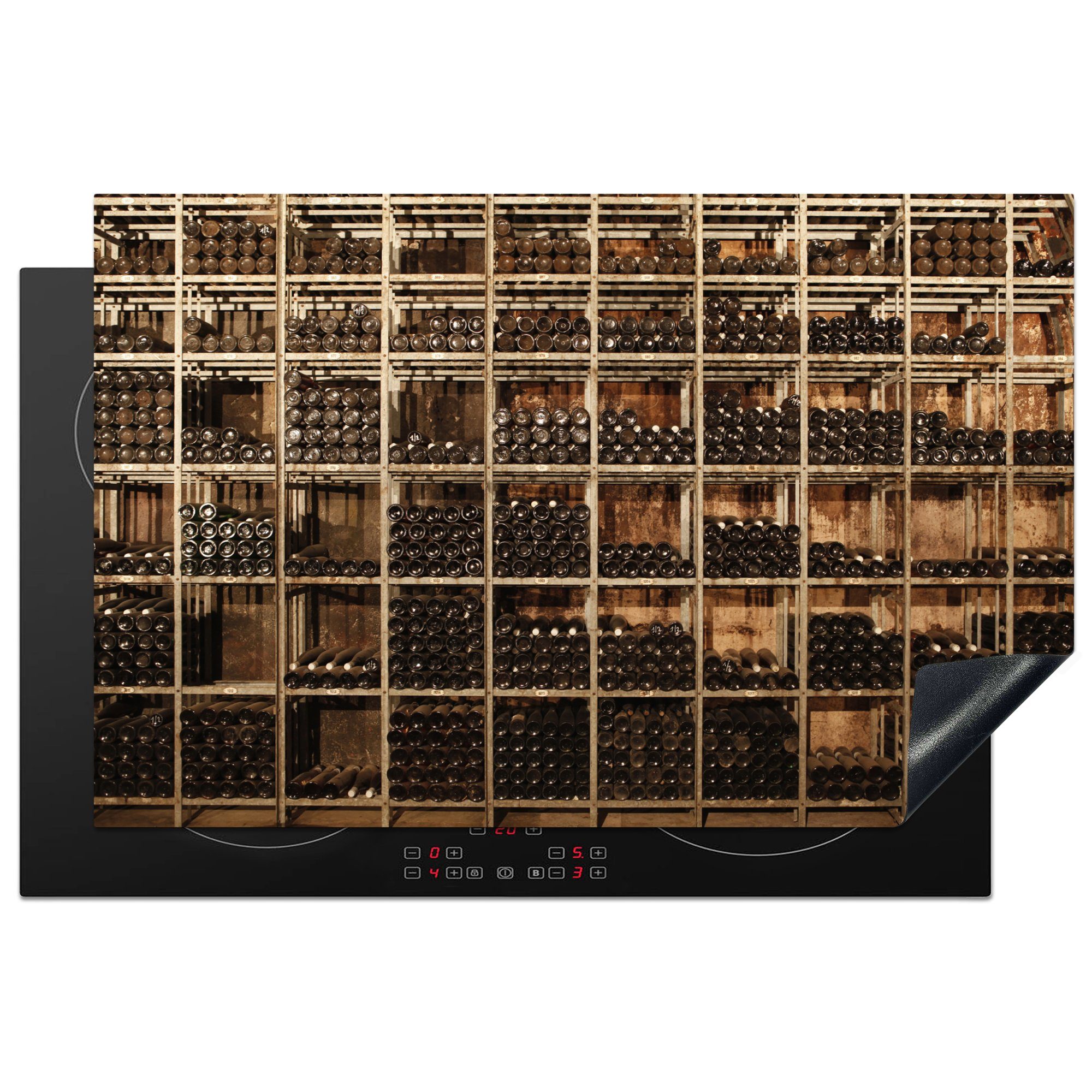 MuchoWow Herdblende-/Abdeckplatte Viele Regale mit Weinflaschen in einem Weinkeller, Vinyl, (1 tlg), 81x52 cm, Induktionskochfeld Schutz für die küche, Ceranfeldabdeckung