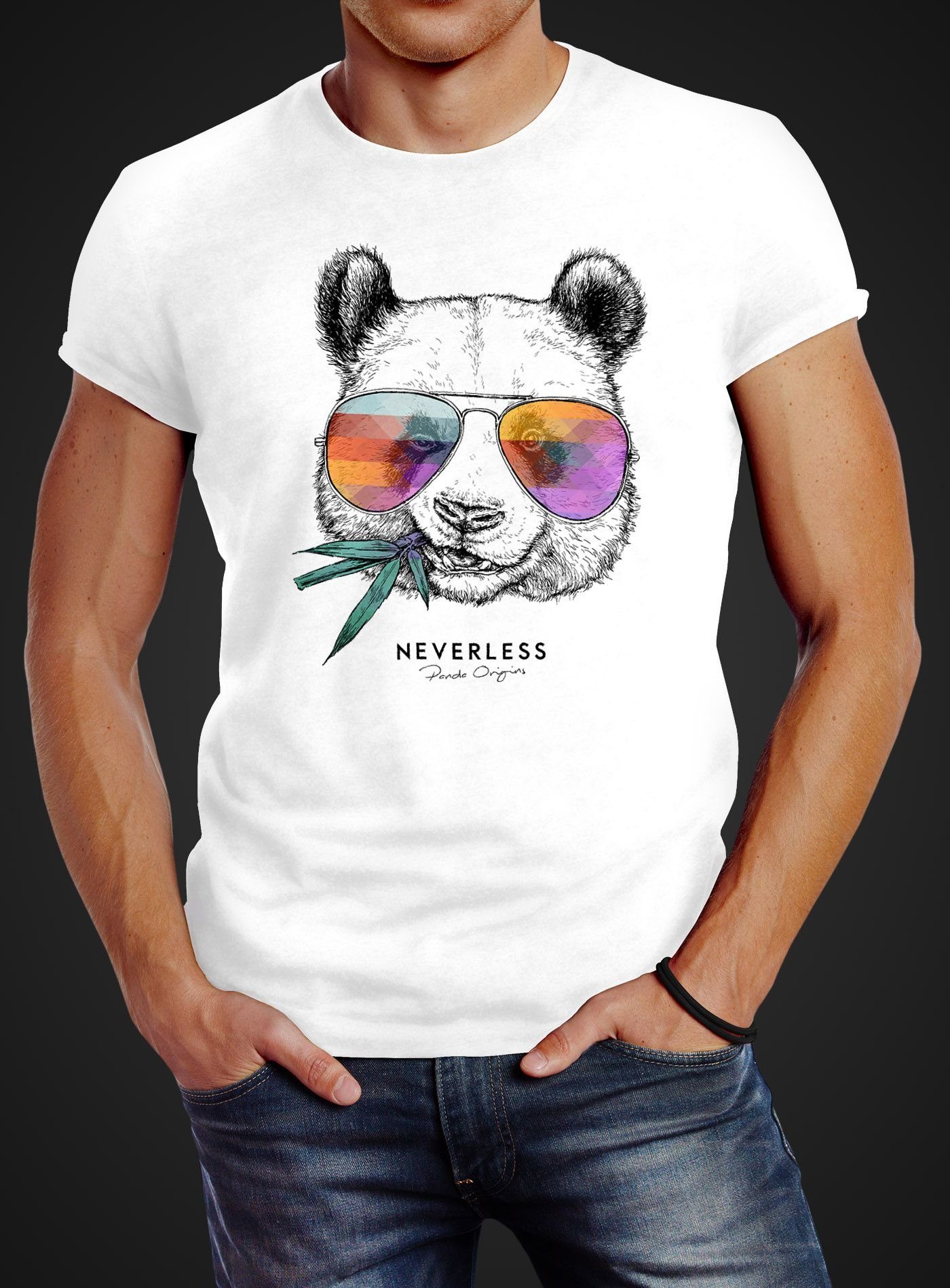 Panda Print Bär Streetstyle Print-Shirt T-Shirt Neverless Herren Fashion Sonnenbrille mit Neverless® Aufdruck Tiermotiv mit