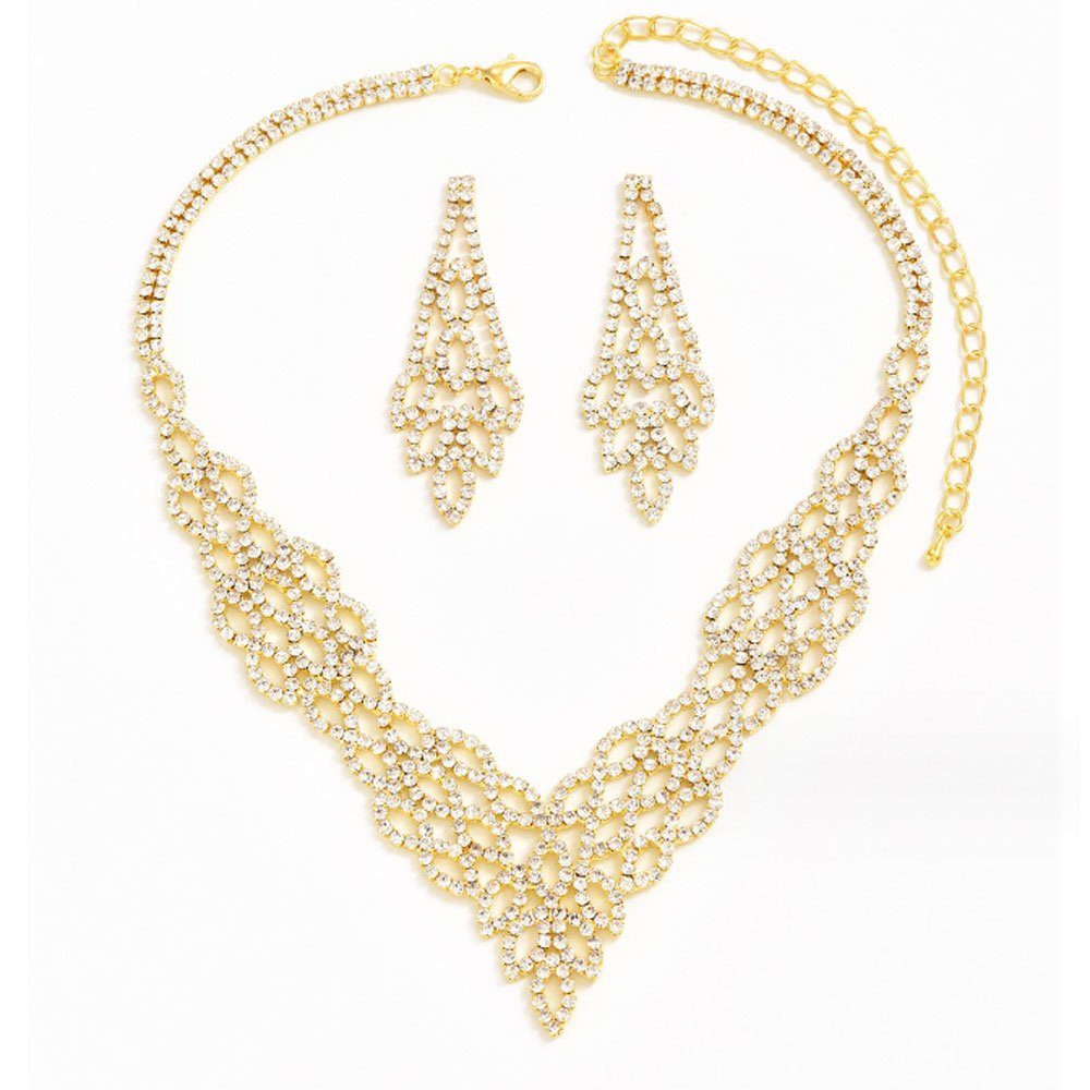 AUzzO~ Schmuckset Schmuckset Halskette,Ohrringe Damenschmuck Strass-Set Hochzeits Gold
