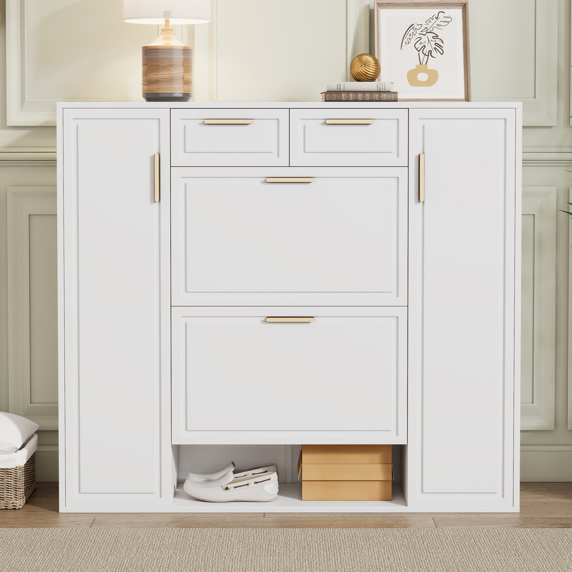 KLAM HOME Schuhschrank Moderne Schuhschrank, mit verstellbaren Regalen, goldenen Griffen 2 Schubladen, Klappschuhschrank und 2 Türen, weiß, B120/D24/H107 CM