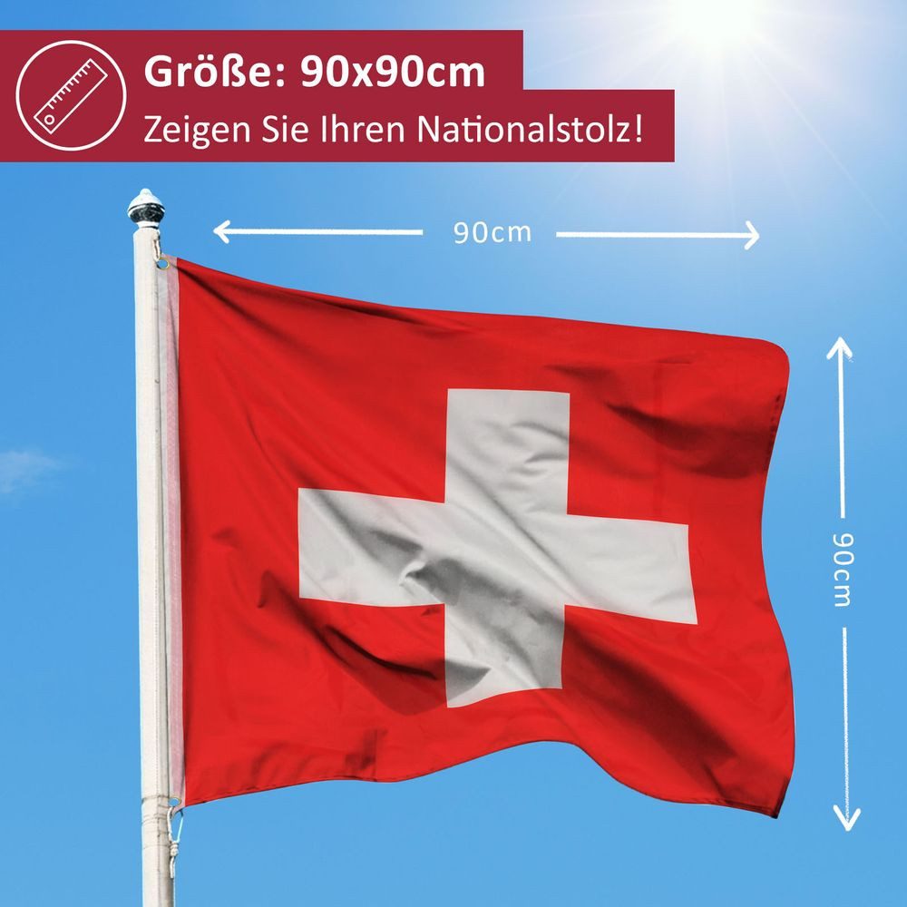 PHENO FLAGS Flagge Schweiz Flagge 90x90 cm – Wetterfeste Nationalflagge, Inkl. 2 Messing Ösen