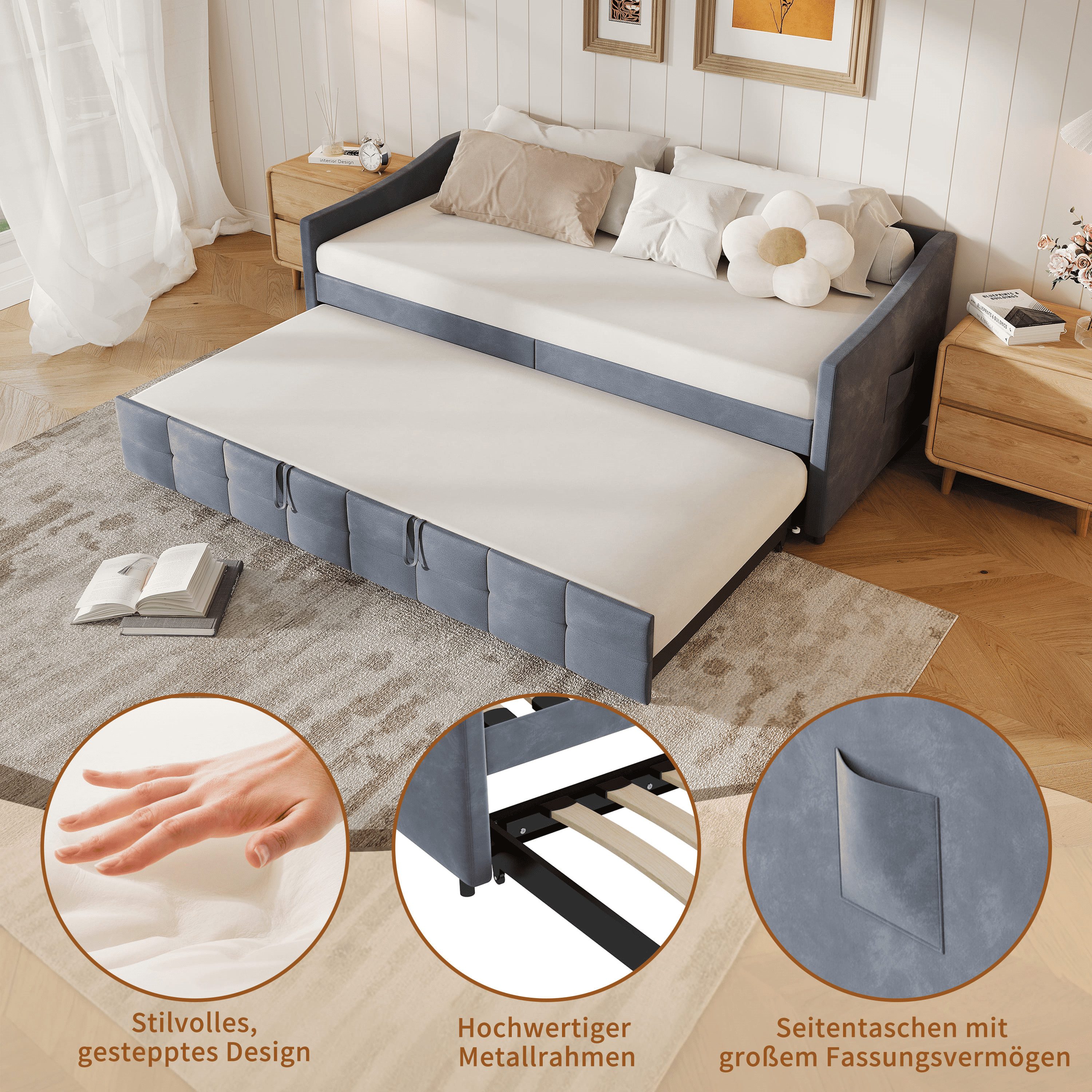 Simurq Daybett Schlafsofa 90x200 mit Unterbett, Ausziehbett, Tagesbett, Gästebett, Polsterbett, Mit Lattenrost, Samt