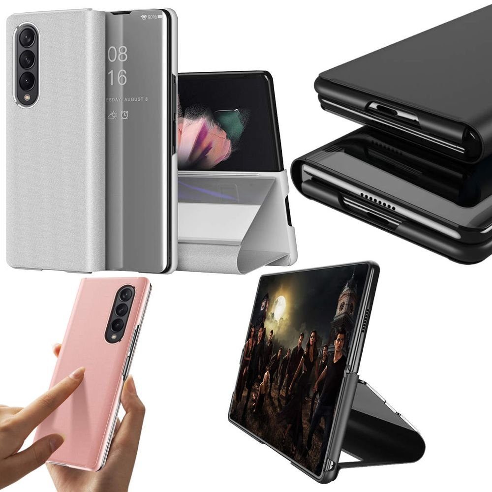 Wigento Handyhülle Clear View Spiegel Mirror Smartcover für Samsung Galaxy Z Fold3 5G Schutzhülle Cover Etui Tasche Hülle Neu Case