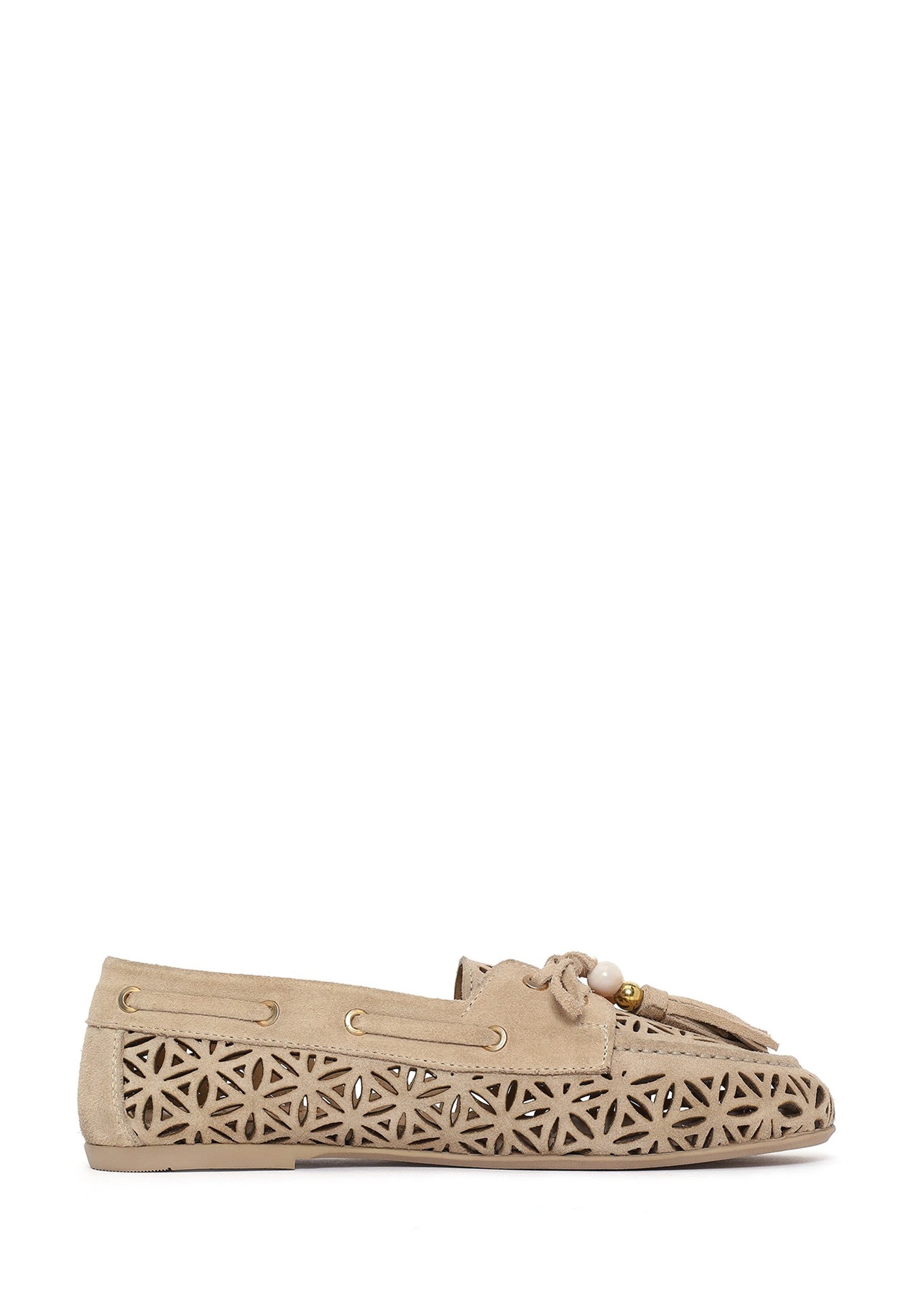 Derimod Loafer aus Veloursleder Loafer Wildleder, Laser-Cut-Design, Lederfutter, TPU-Sohle, Perlenquasten