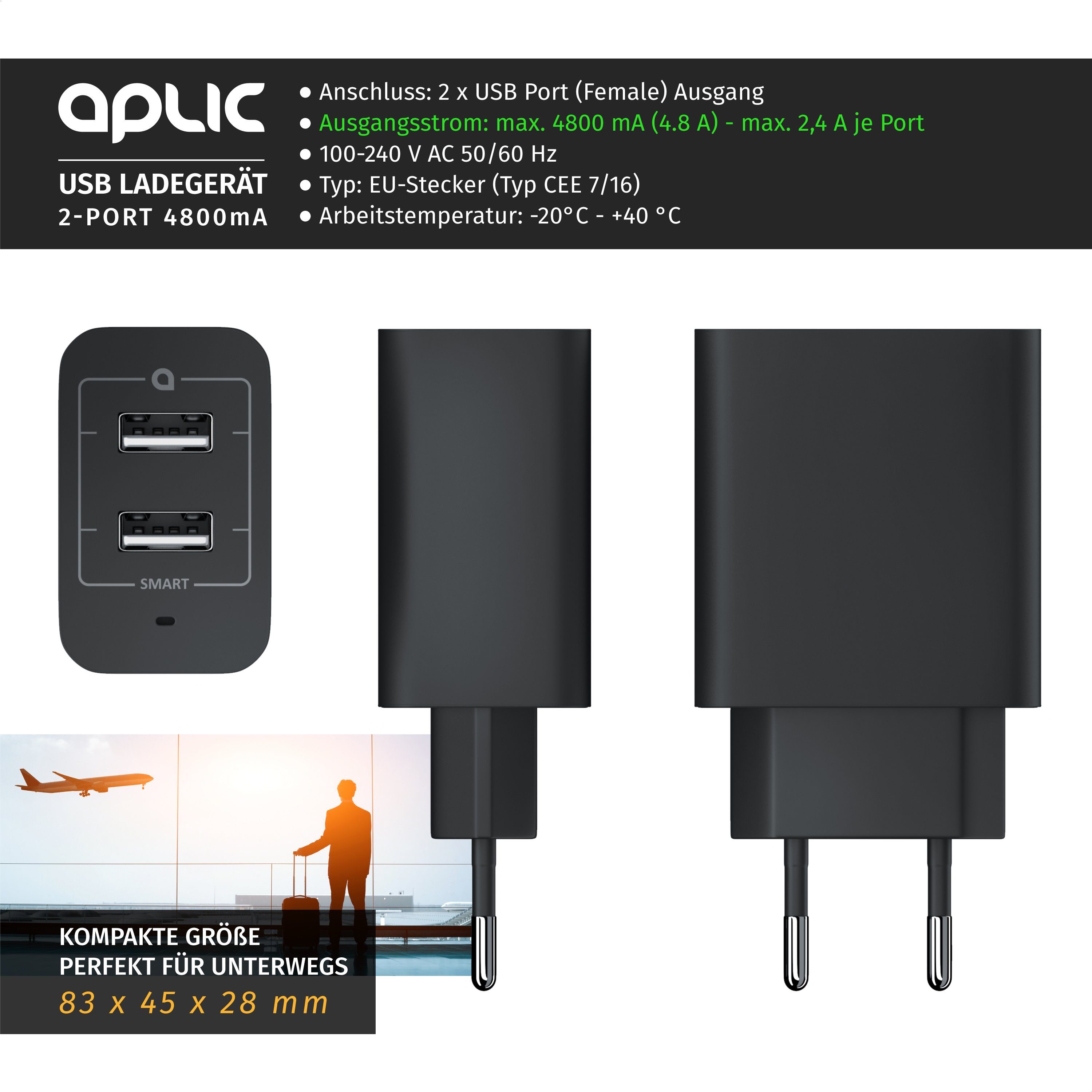 Aplic 2-Port Netzteil für Handy/Smartphone/Tablet, 4800mA -2400mA je Port USB-Ladegerät (4800 mA, 24 Watt Dual Port Smart USB Charger mit Power LED, 4800mA insgesamt)